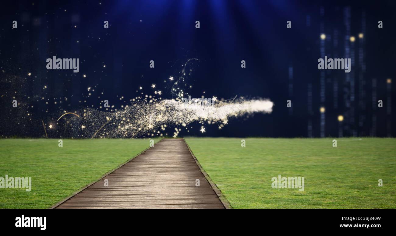 Hölzerne Promenade, die sich in einen grasbewachsenen Rasen hineinzieht, über goldene Wanderwege und Sterne unter blauen Lichtern Stockfoto