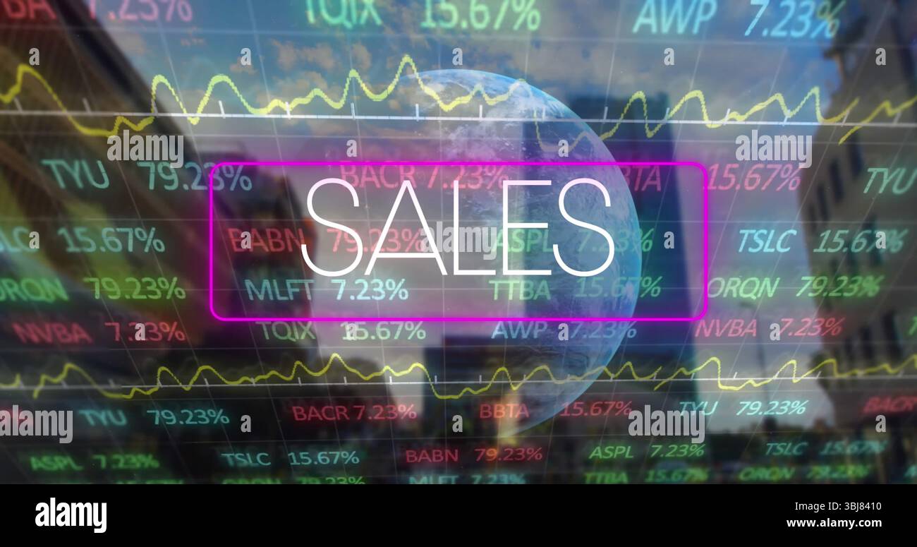 Ein neonrosafarbenes Highlight mit weißem VERKAUFSTEXT über den Globus auf dem Handels-Dashboard, mit Tickern Stockfoto