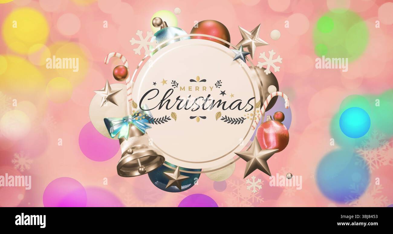 Mit „Merry Christmas“-Schriftzug im digitalen Design mit Glocken- und Zuckerrohrstreifen Stockfoto