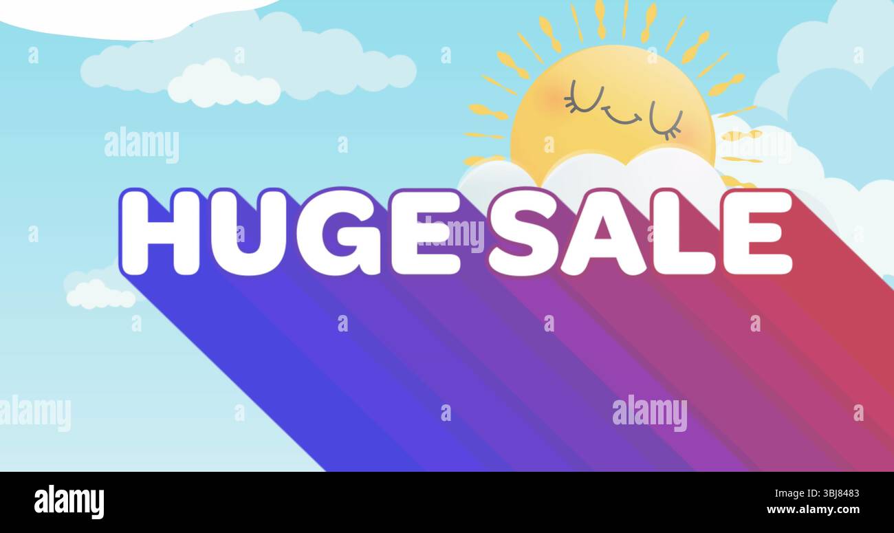 Mit auffälligen, RIESIGEN VERKAUFSTEXTEN, schwebend im Himmel mit diagonalen Schatten, lächelnder Sonne und flauschigen Wolken Stockfoto