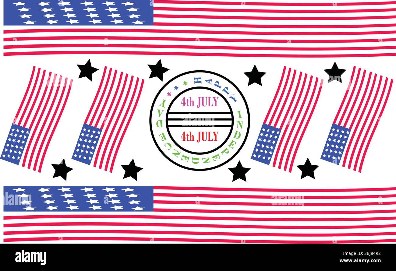 Vintage 4. Juli Runde Abzeichen Design mit amerikanischen Flaggen und gestreiftem patriotischen Hintergrund Stock Vektor