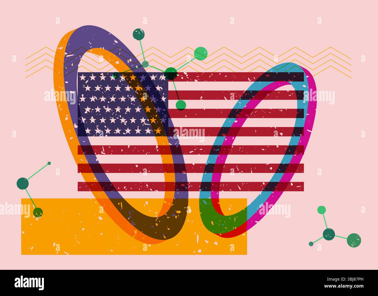 Risograph American Flag mit geometrischen Formen. Objekte in trendigem Riso-Grafik-Design mit Texturelementen. Stock Vektor