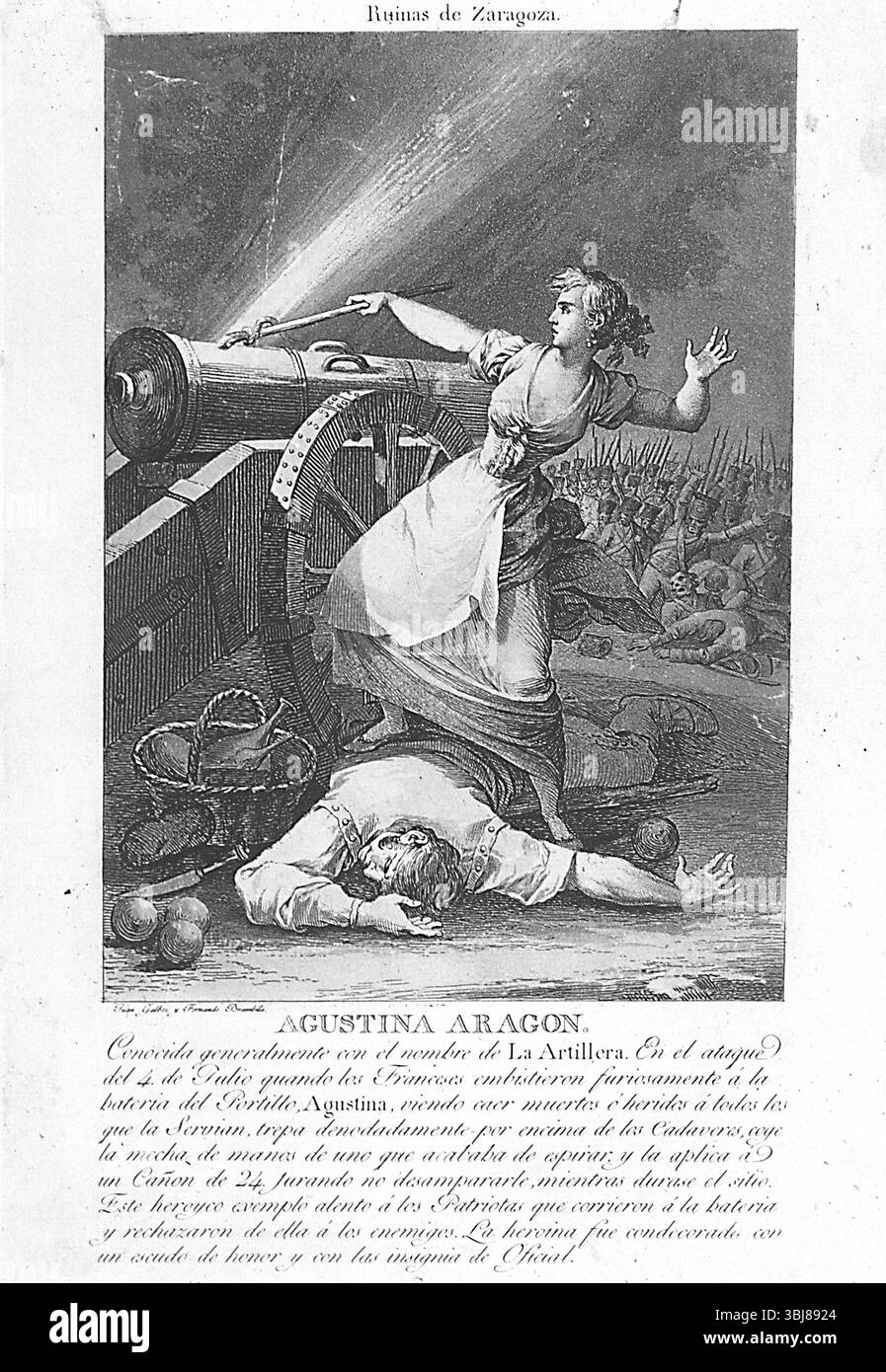 Eine Illustration aus dem Jahr 1813, die Agustina Raimunda María Saragossa i Domènech (1786–1857), AKA Agustina von Aragón, eine Spanierin, die Spanien während des Halbinsel-Krieges gegen die Franzosen verteidigte, zunächst als Zivilist und später als professioneller Offizier in der spanischen Armee. Stockfoto