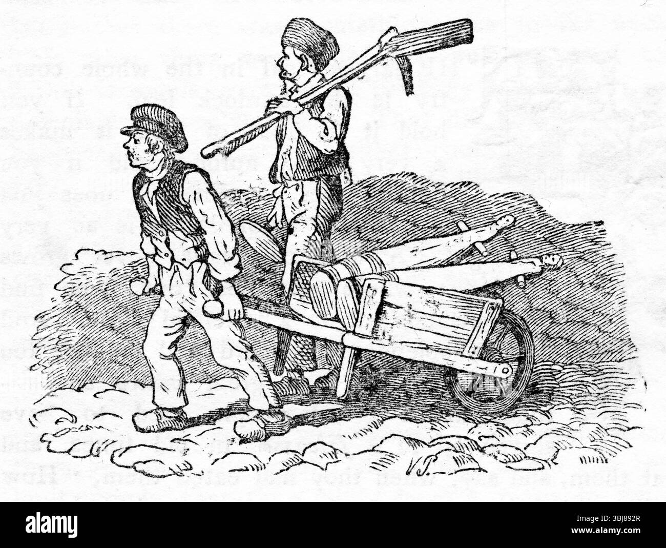 Gravur von Straßenbauern mit einem Wagen mit Handhämmern, um 1880 Stockfoto