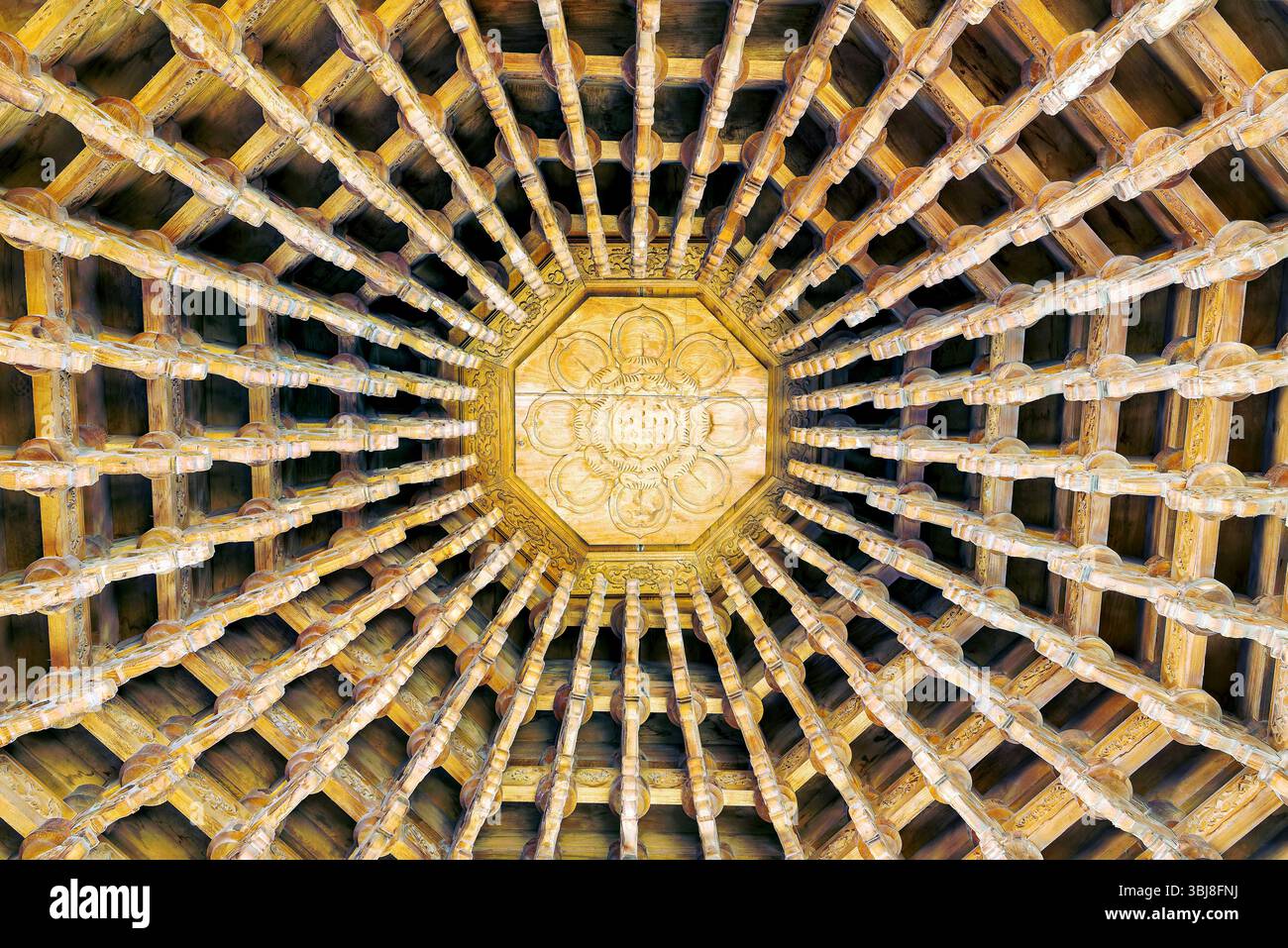 Innendach der Dorfbühne. Traditionelles Dorf Wulin, Quanzhou, Provinz Fujian, China. Das Dorf wurde von chinesischen Emigranten erbaut. Stockfoto