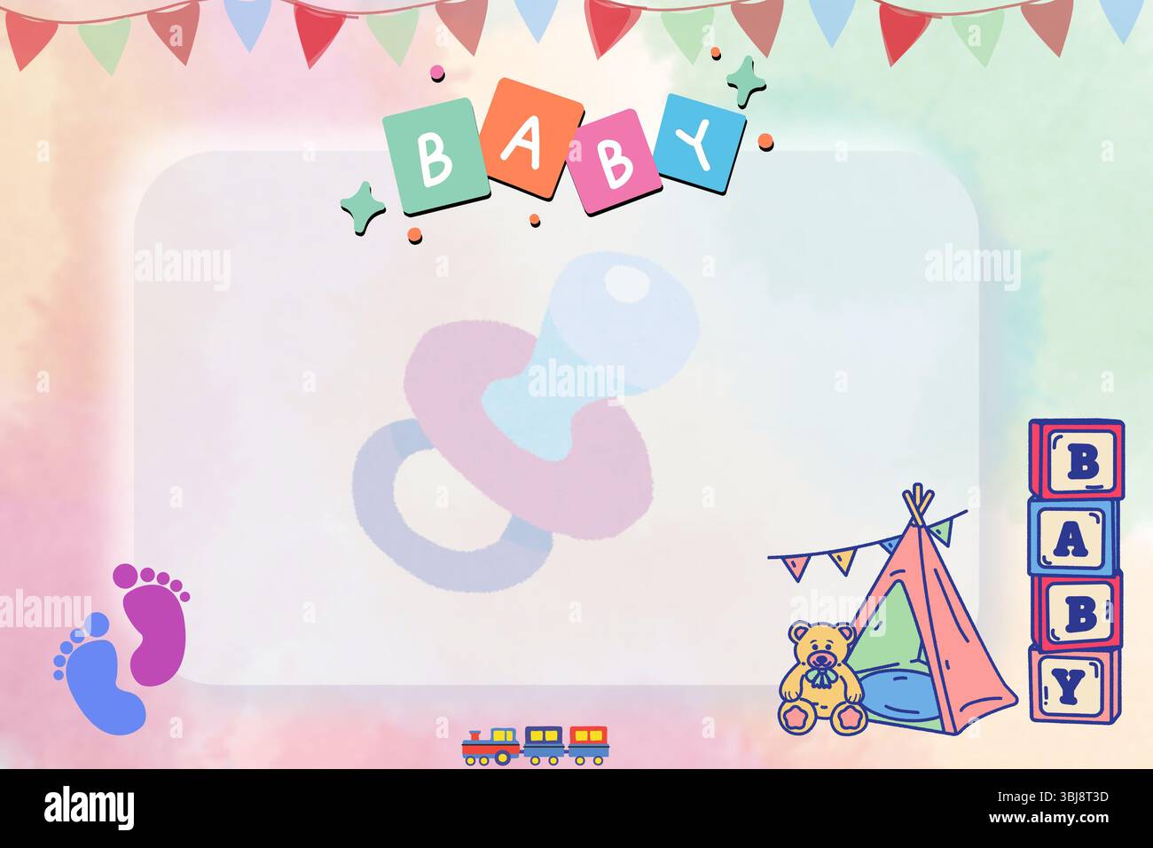Illustration zum Aufdecken oder Ansagen des Babys mit weichen Pastellfarben und Design-Elementen im Babystil. Stockfoto