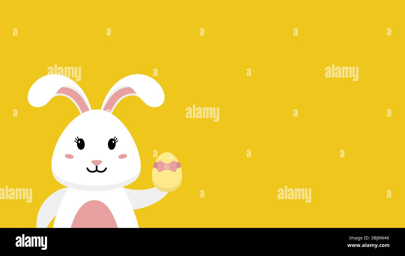 Niedliche Osterhase-Illustration, die ein Ei auf gelbem Kopierraum-Hintergrund hält Stock Vektor