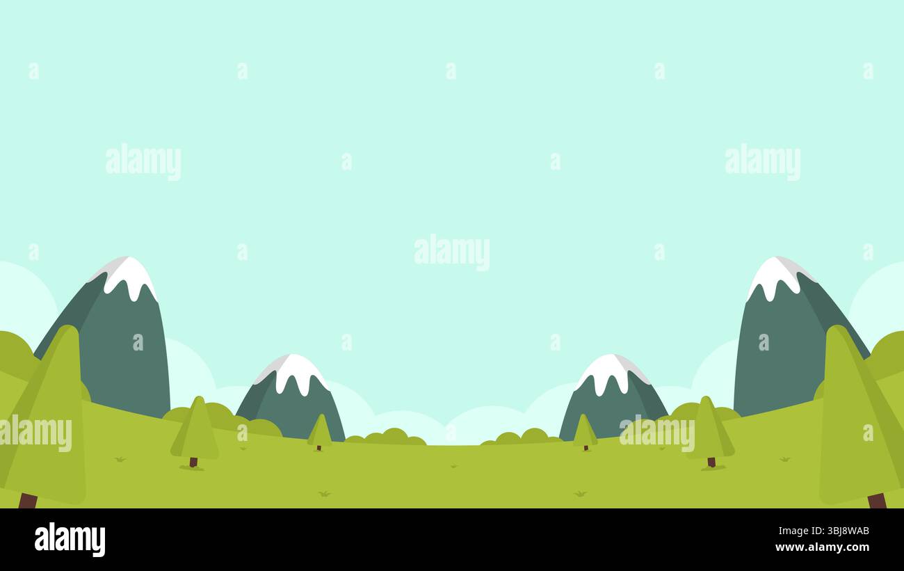 Flache Illustration einer Wiese mit einem hellblauen Himmel und umgeben von Hügeln und Sträuchern Stock Vektor