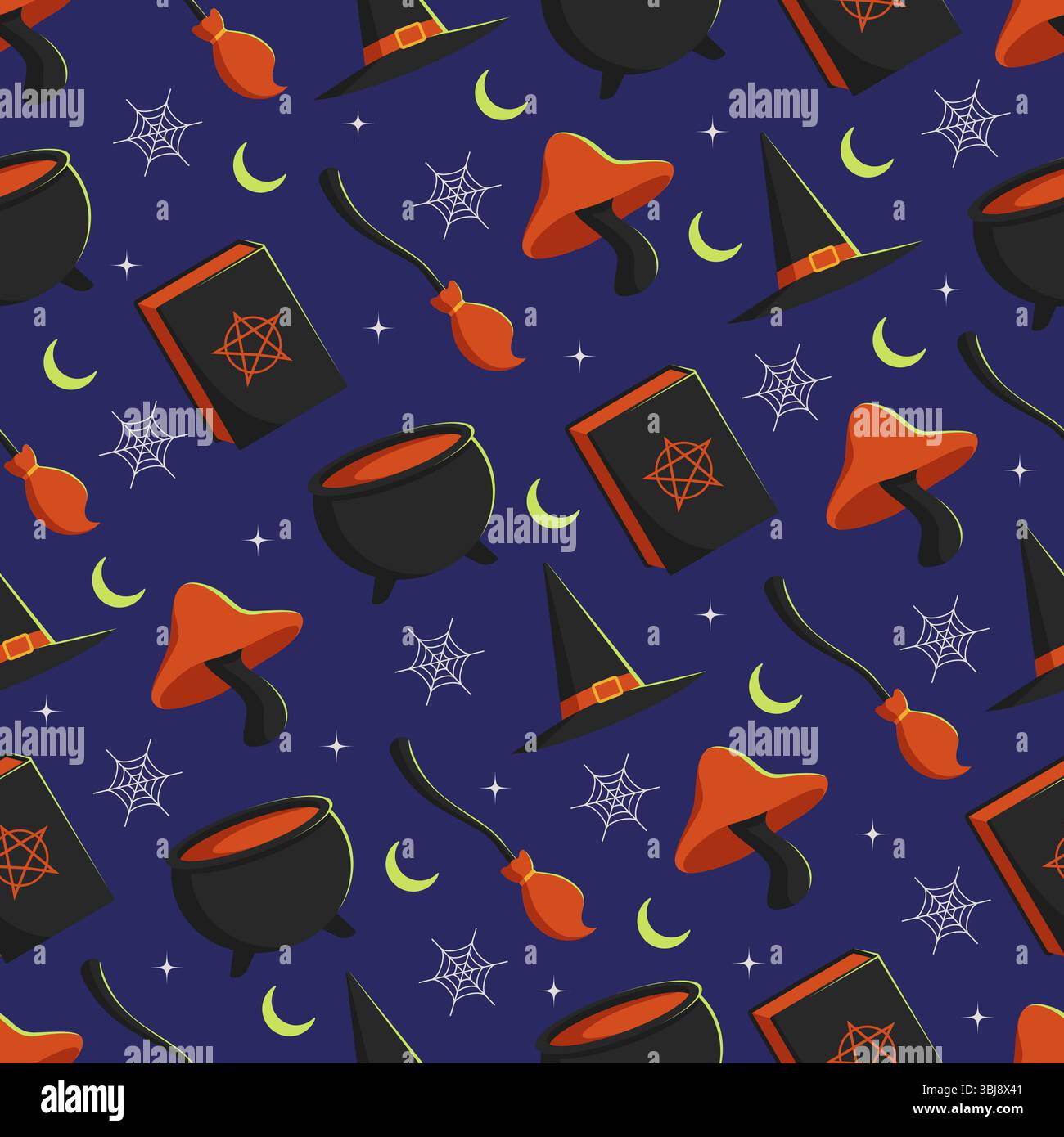 Halloween Hexe nahtlose Muster flache Illustration auf dunkelblauem Hintergrund Stock Vektor