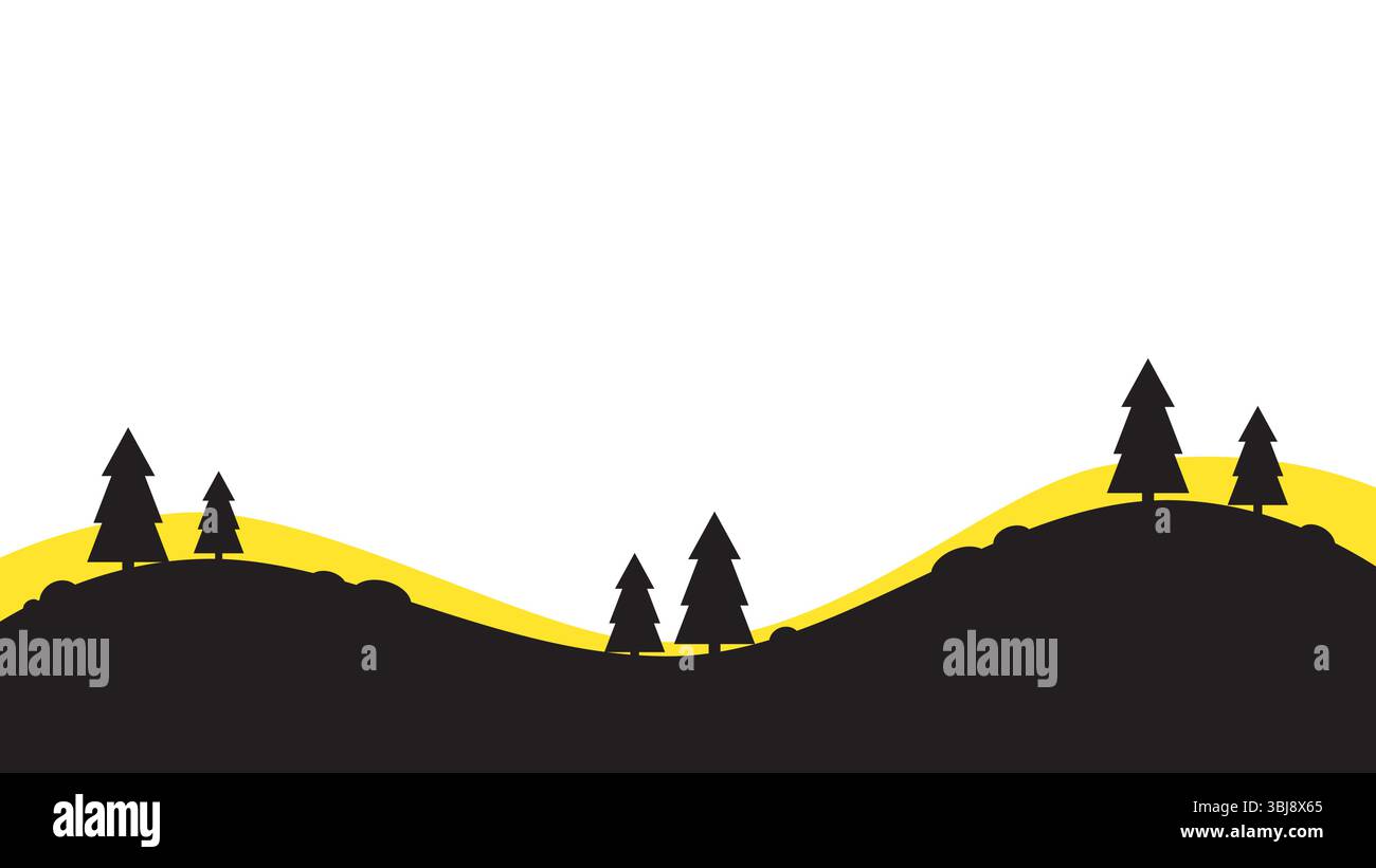Schwarze und gelbe flache Silhouettenvektorlandschaft mit Kiefern und Kopierraum für Ihren Text Stock Vektor