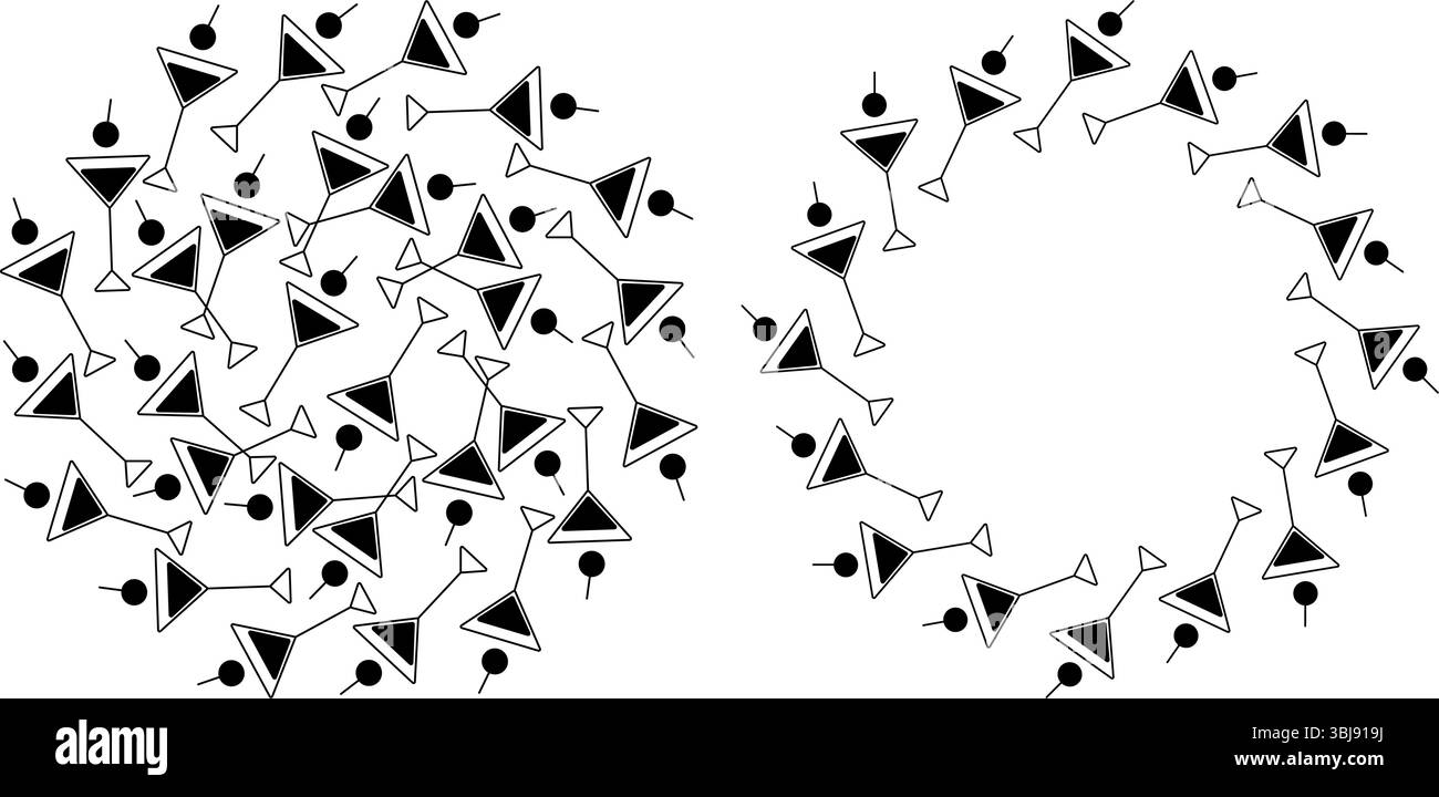 Silhouette dreieckige Martini-Gläser mit Kirschbeere Circular Backdrop Frame Copy Space Template. Legen Sie isolierte Vektor-Illustrationen oder Menükarten, Poster, Werbebanner, Broschüren, Etiketten fest Stock Vektor