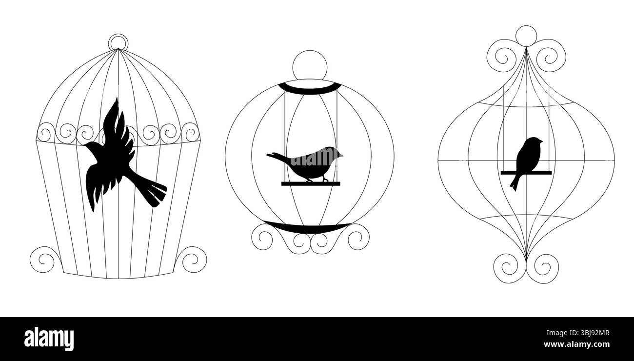 Vektorsatz von Doodle Vogelkäfigen handgezeichnet Linie Kunst Illustration Metallkäfig Sammlung für Haustiervögel minimale Skizze für Vintage oder moderne Wohnkultur Stock Vektor