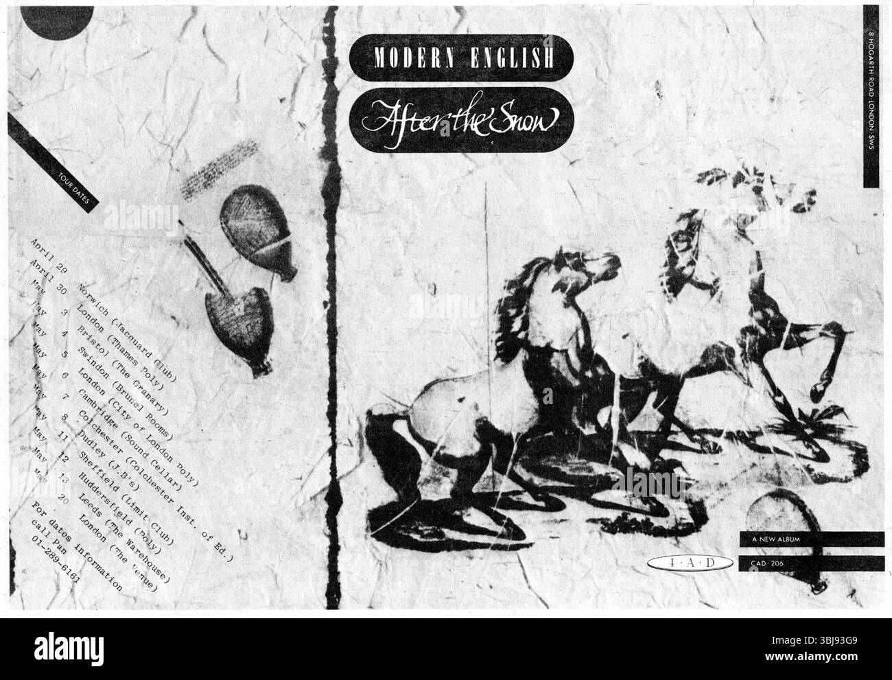 Indie-Band Modern English, 4AD Records. Halbseitiger Werbespot für die Tour im Mai 1982 und das neue Album After the Snow. Stockfoto