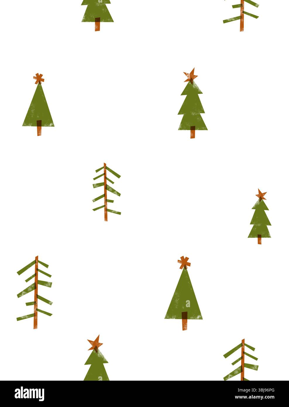 Nahtloses Vektormuster mit grünen Weihnachtsbäumen und Goldsternen isoliert auf einem weißen Hintergrund. Weihnachtsmuster Im Infantilen Stil. Stock Vektor