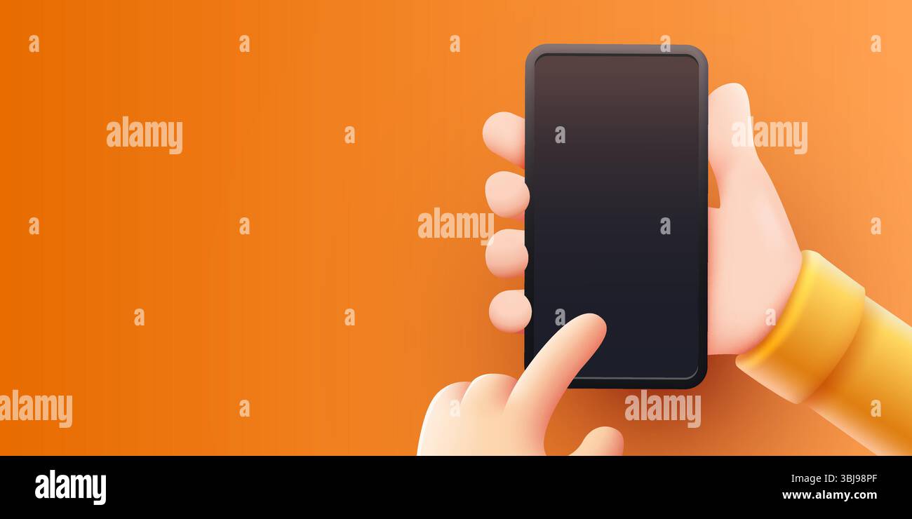 Telefon in zwei Händen halten. Telefonmodup. Editierbare Smartphone-Vorlage. Berühren des Bildschirms mit dem Finger. Vektorgrafik Stock Vektor