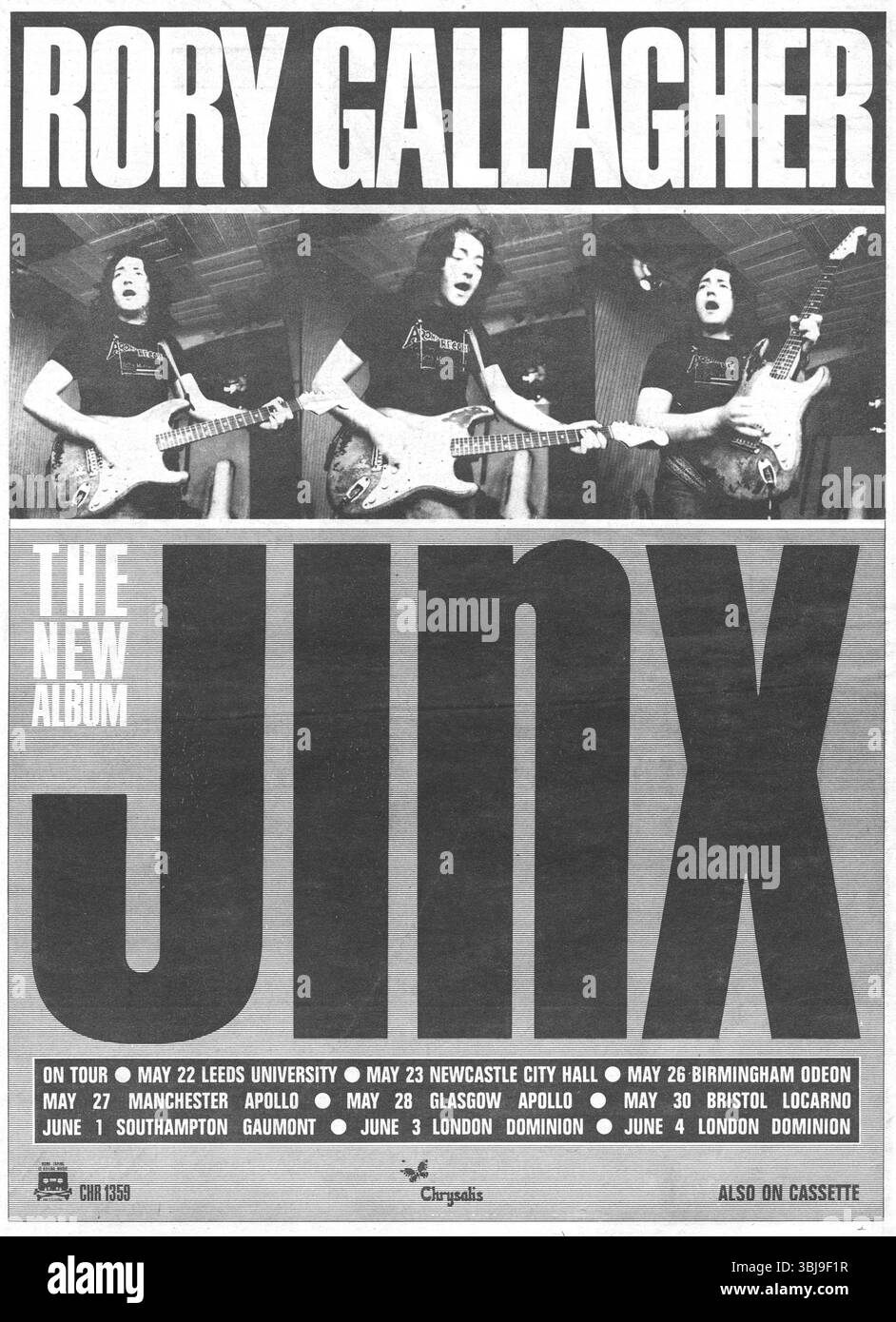 Blues-Rock-Gitarrist Rory Gallagher, Jinx-Album. Mai 1982. Ganzseitige Schwarzweißwerbung für das neue Album auf Chrysalis (auch auf Kassette erhältlich). Auch UK Tour, um es zu bewerben. Stockfoto