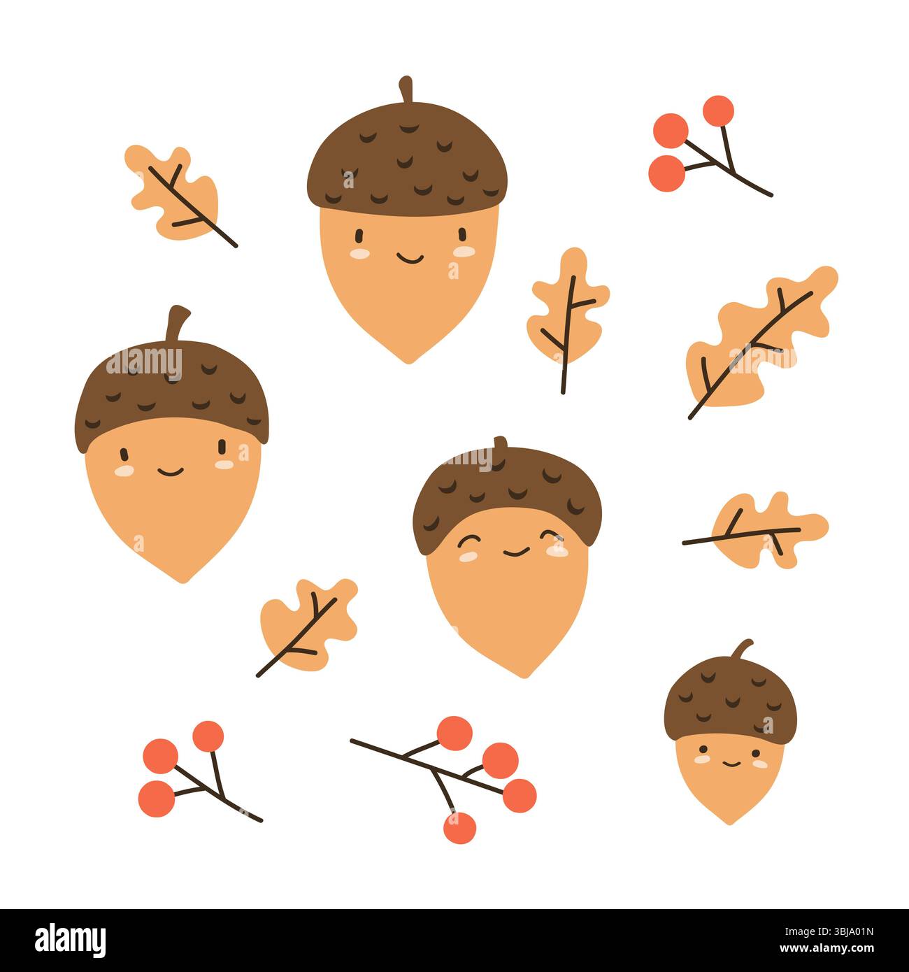 Niedliche Eichelfiguren und Eichenblätter. Vektor-Zeichentrickfilm Herbst-Set Stock Vektor