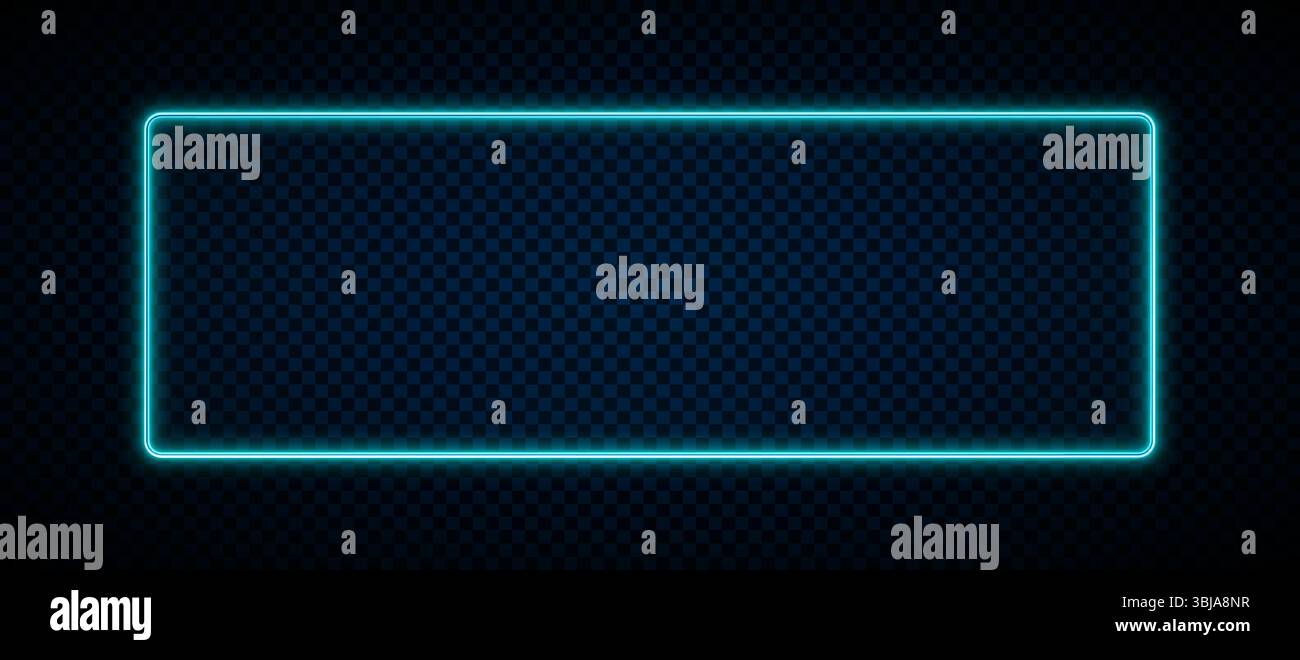Neonrechteck. Helle leuchtende Box blaue Farbe isoliert auf dunklem Hintergrund. Beleuchteter Rahmen für Design-Druck. Abstrakter digitaler Rahmen. Leuchtendes Schild Stock Vektor