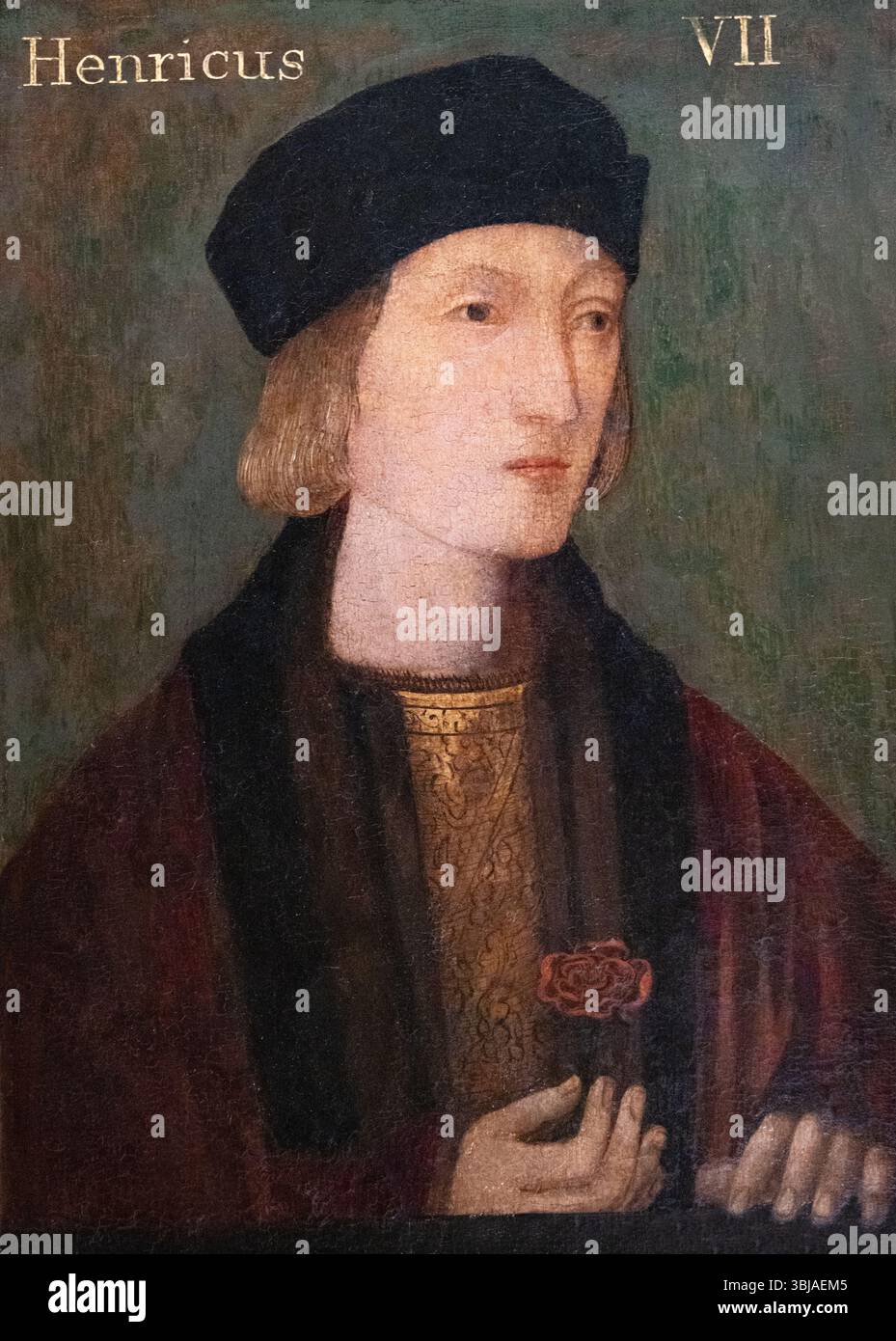 Porträt von König Heinrich VII., König von England; geboren 1457, d. 1509, regierte 1485–1509. Alte Kopf- und Schultermalerei, unbekannter Künstler. Stockfoto