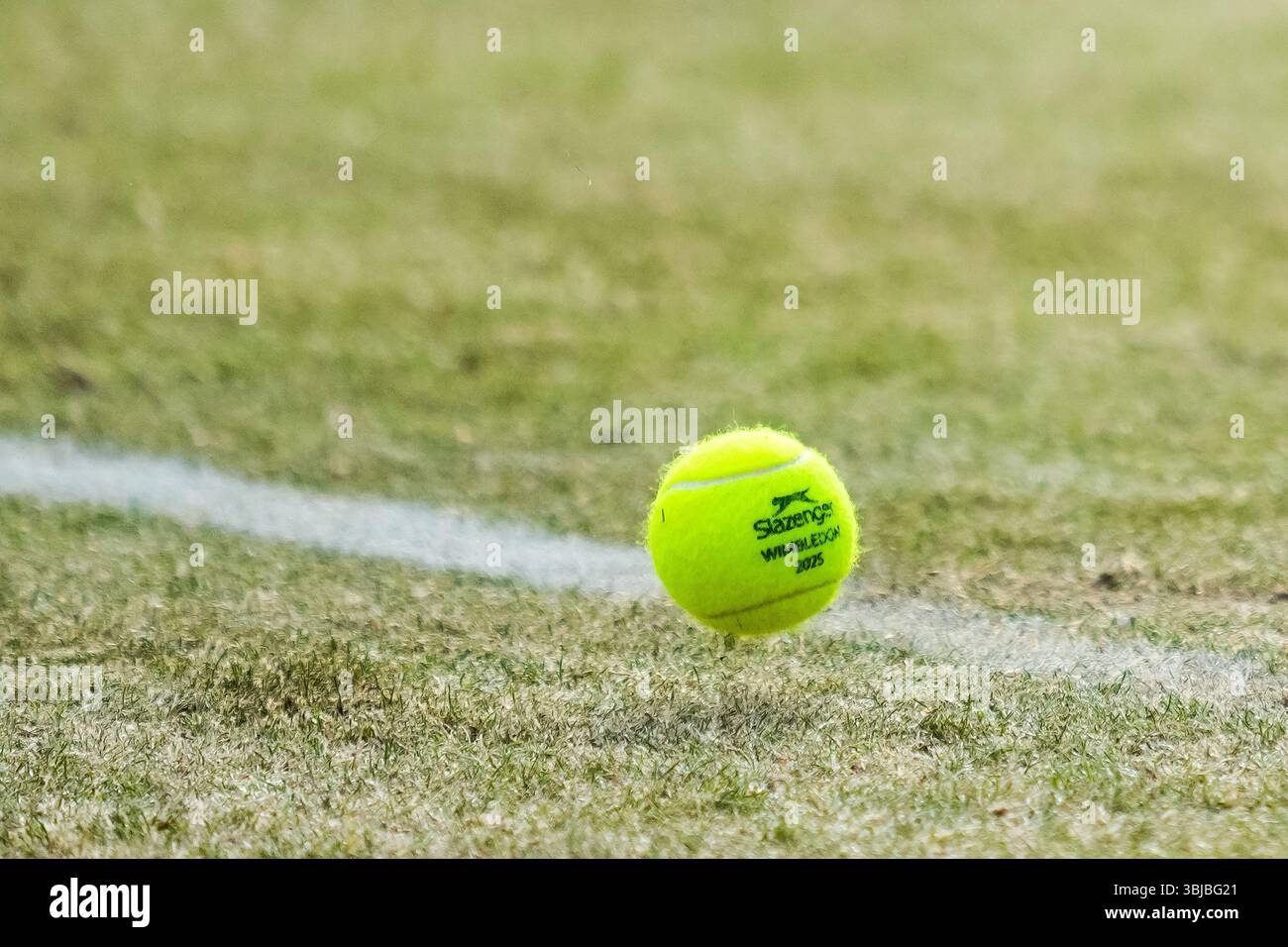 'S-HERTOGENBOSCH, NIEDERLANDE - 13. JUNI: Detailansicht eines Slazenger Wimbledon 2025 Tennisballs, der während des Men's Singles Quarter Final-Spiels zwischen Zizou Bergs aus Belgien und Mark Lajal aus Estland am 5. Tag der Libema Open Grass Court Championships am 13. Juni 2025 in 's-Hertogenbosch, Niederlande, auf dem Rasen-Center Court hüpfte. (Foto: Rene Nijhuis) Credit: René Nijhuis/Alamy Live News Stockfoto