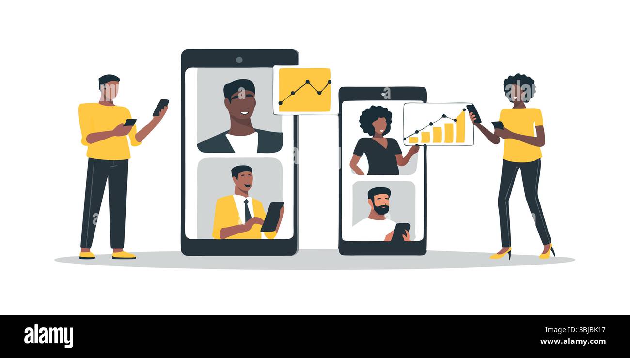 Globale Zusammenarbeit Diversität Team verbindet sich über Videoanrufe auf Smartphones und diskutiert Diagramme Wachstum und Erzielen Stock Vektor
