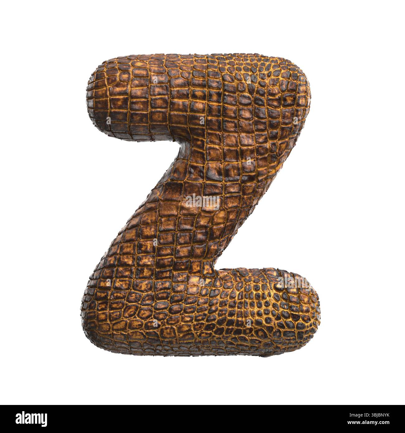 Krokodilbuchstabe Z - große 3D Reptilienschrift isoliert auf weißem Hintergrund. Dieses Alphabet eignet sich perfekt für kreative Illustrationen im Zusammenhang mit dem Thema, aber nicht beschränkt auf das Alphabet Stockfoto