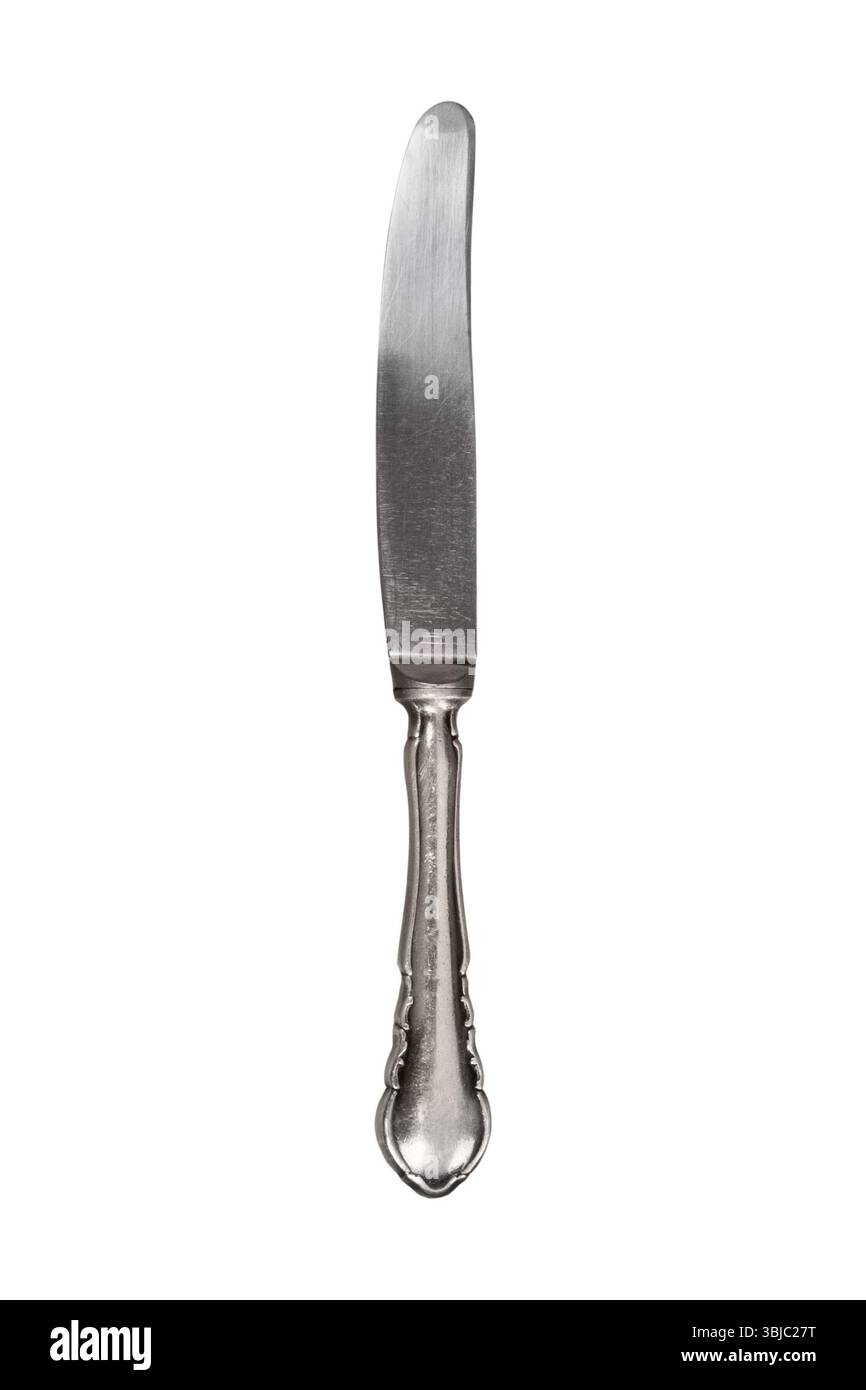 Altes, antikes silbernes Messer, isoliert auf weiß Stockfoto
