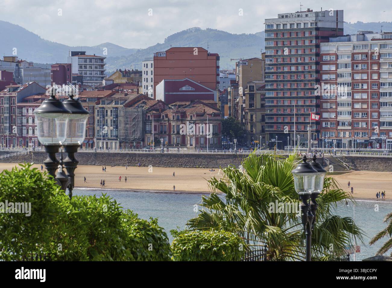 Blick auf die Stadt mit Küste, Gebäuden und Palmen, Bergen im Hintergrund, Gijon, Asturien, Spanien, Europa Stockfoto