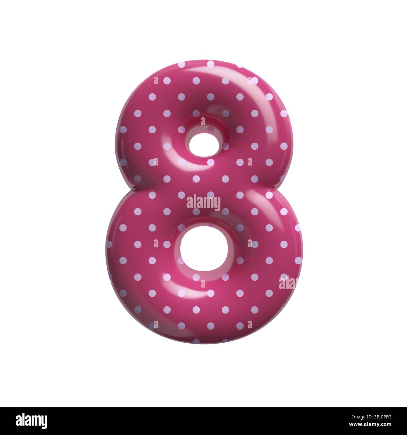 Polka Dot Nummer 8 - 3D rosa Retro-Ziffer isoliert auf weißem Hintergrund. Dieses Alphabet eignet sich perfekt für kreative Illustrationen im Zusammenhang mit diesem Thema, aber nicht beschränkt auf Stockfoto