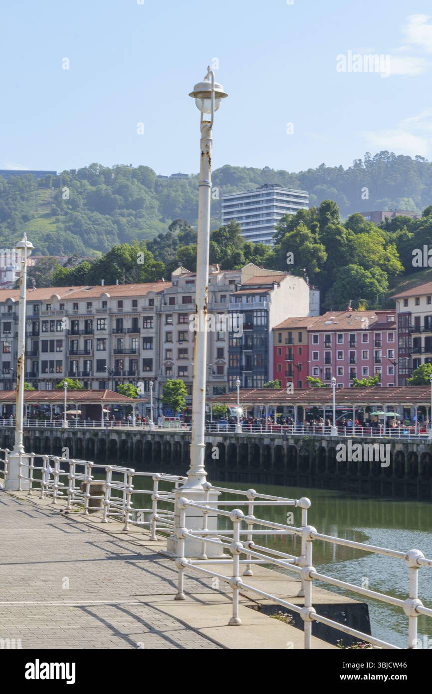 Farbenfrohe Häuser entlang eines Flusses vor grünen Hügeln mit Laternenpfosten im Vordergrund, Bilbao, Baskenland, Spanien, Europa Stockfoto