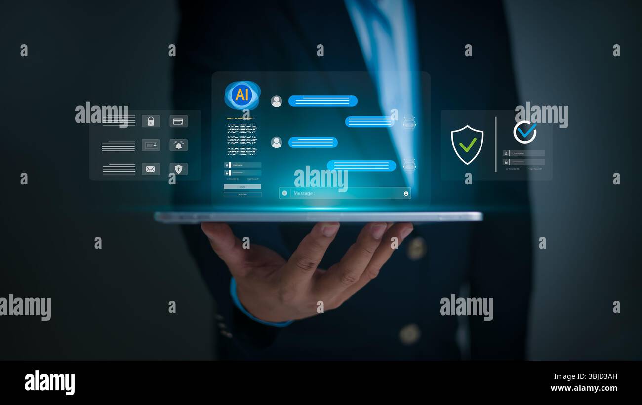 Ein Geschäftsmann hält ein Tablet mit einer virtuellen KI-Chatbot-Oberfläche mit sicheren Anmeldesymbolen, Datenschutzsymbolen und futuristischer Technologie für cyb Stockfoto