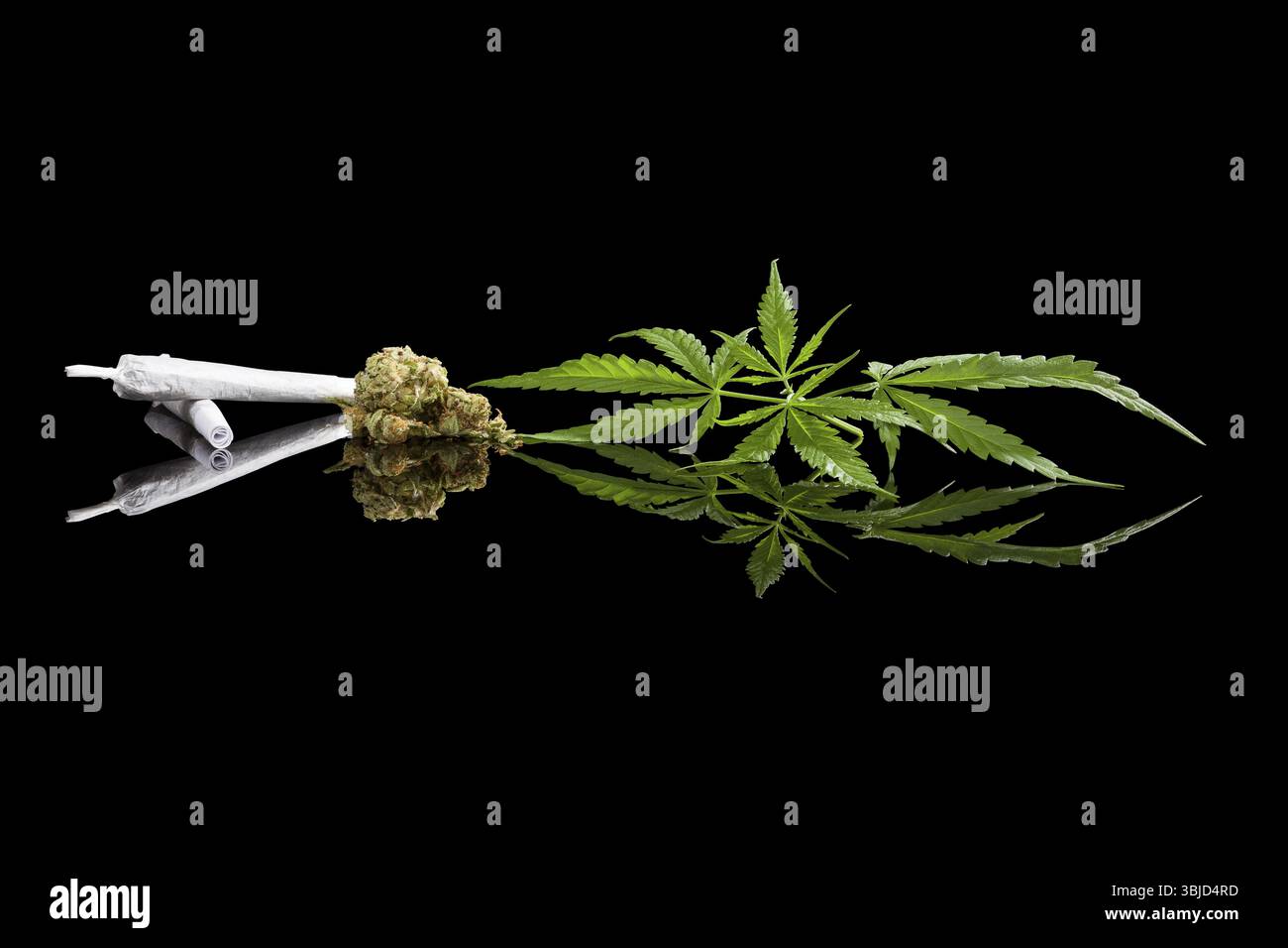 Marihuana-Hintergrund. Cannabis Zigarettengelenk, Knospen und Hanfblätter isoliert auf schwarzem Hintergrund. Suchtmittel oder Alternativmedizin Stockfoto