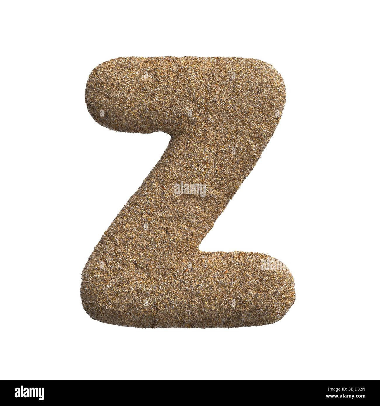 Sandbuchstabe Z - Hauptschrift 3D Strand isoliert auf weißem Hintergrund. Dieses Alphabet eignet sich perfekt für kreative Illustrationen, die sich auf Hol beziehen Stockfoto