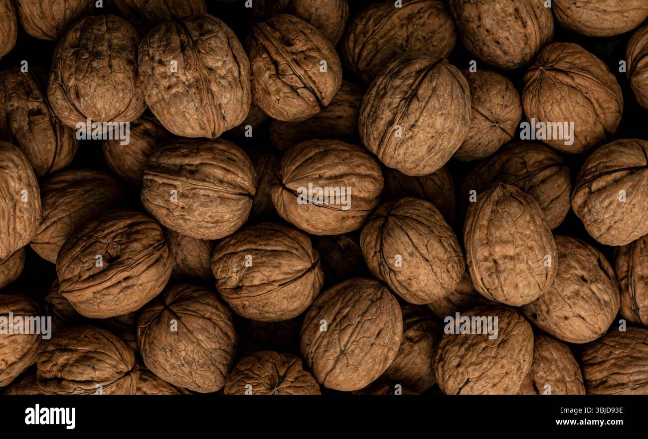 Hintergrundbild der Walnussnüsse. Stockfoto