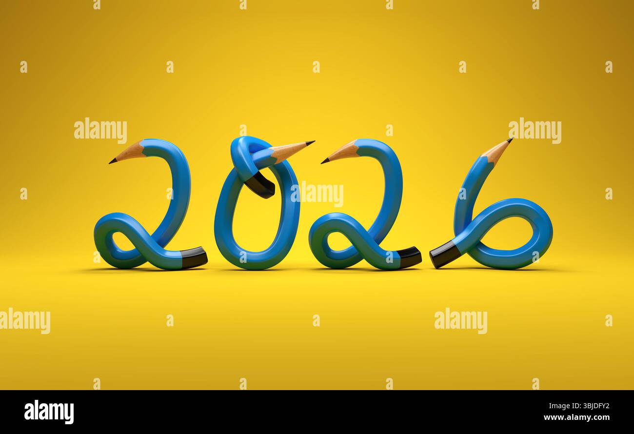 Neues Jahr 2026 Creative Design Concept mit Bleistift – 3D gerendertes Bild Stockfoto