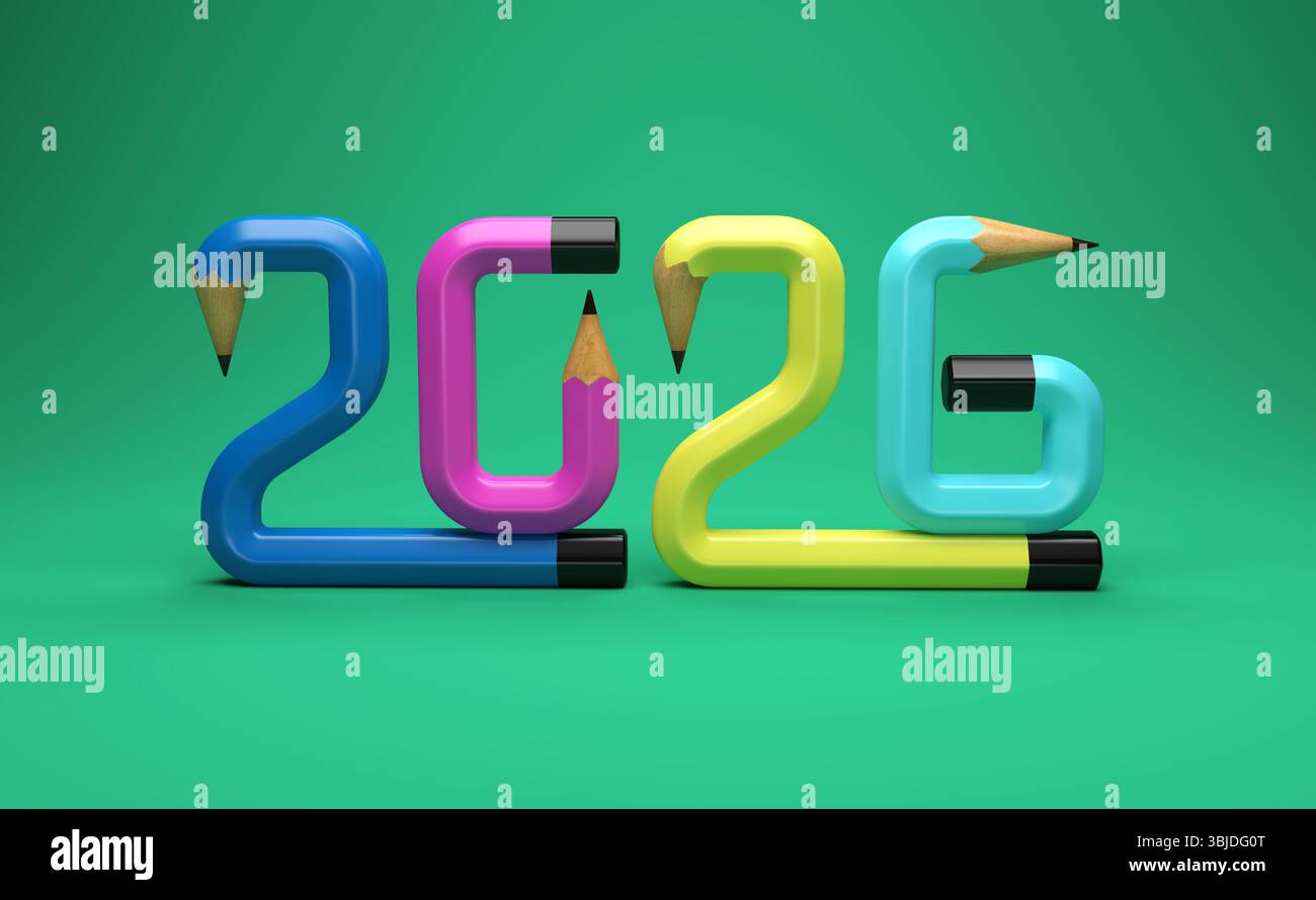Neues Jahr 2026 Creative Design Concept mit Bleistift – 3D gerendertes Bild Stockfoto