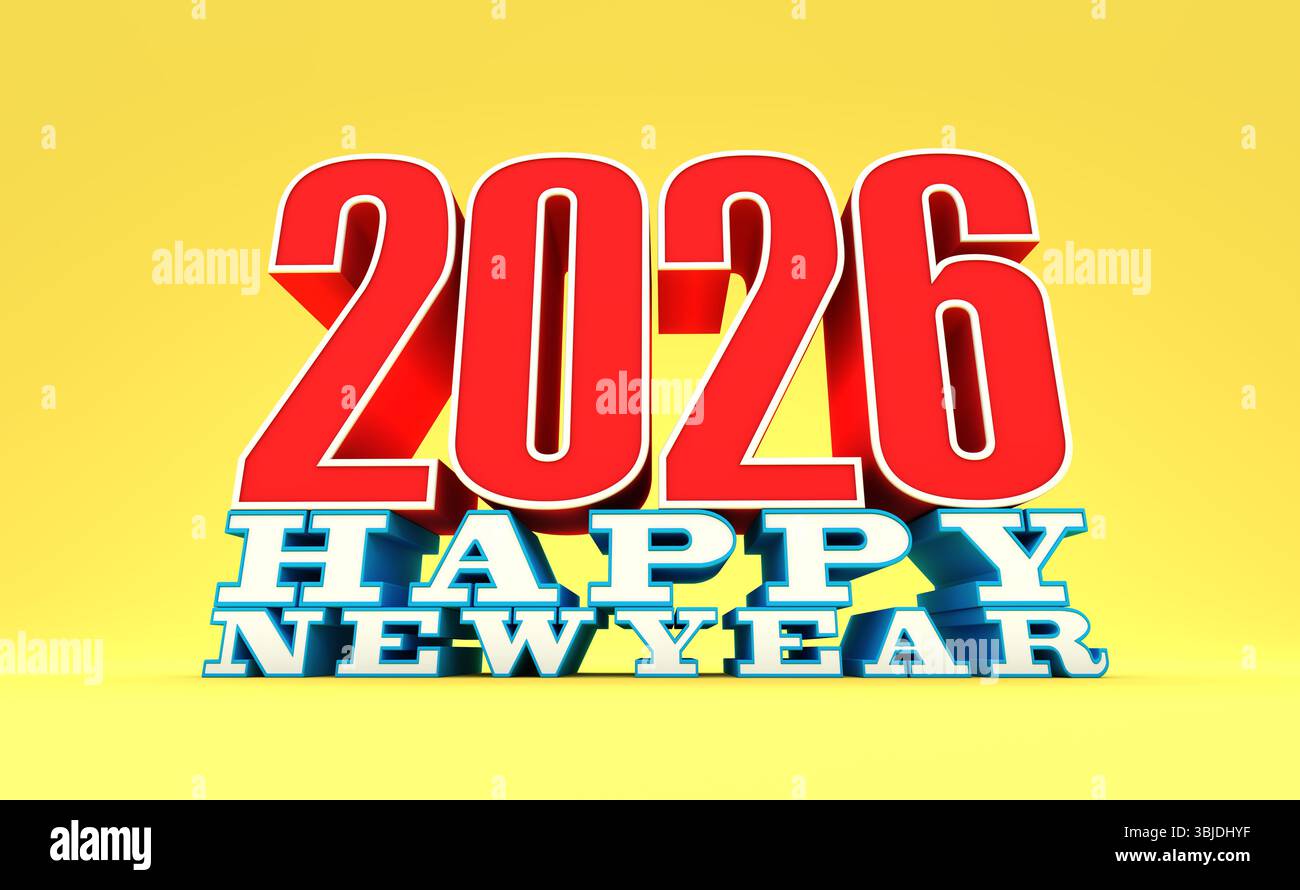 Neujahr 2026 Creative Design Concept – 3D-gerendertes Bild Stockfoto