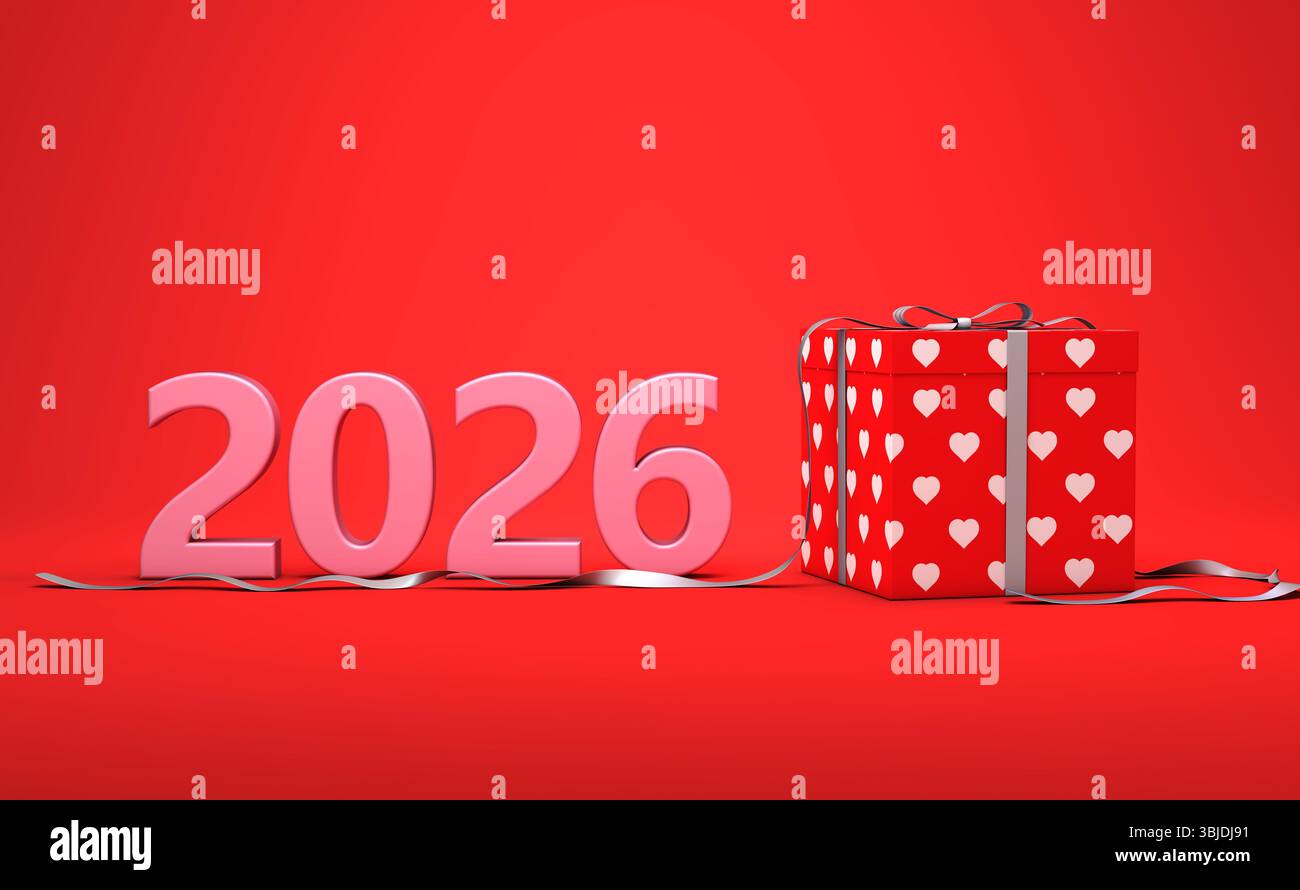Neues Jahr 2026 Kreatives Design-Konzept mit Geschenkboxen – 3D-gerendertes Bild Stockfoto
