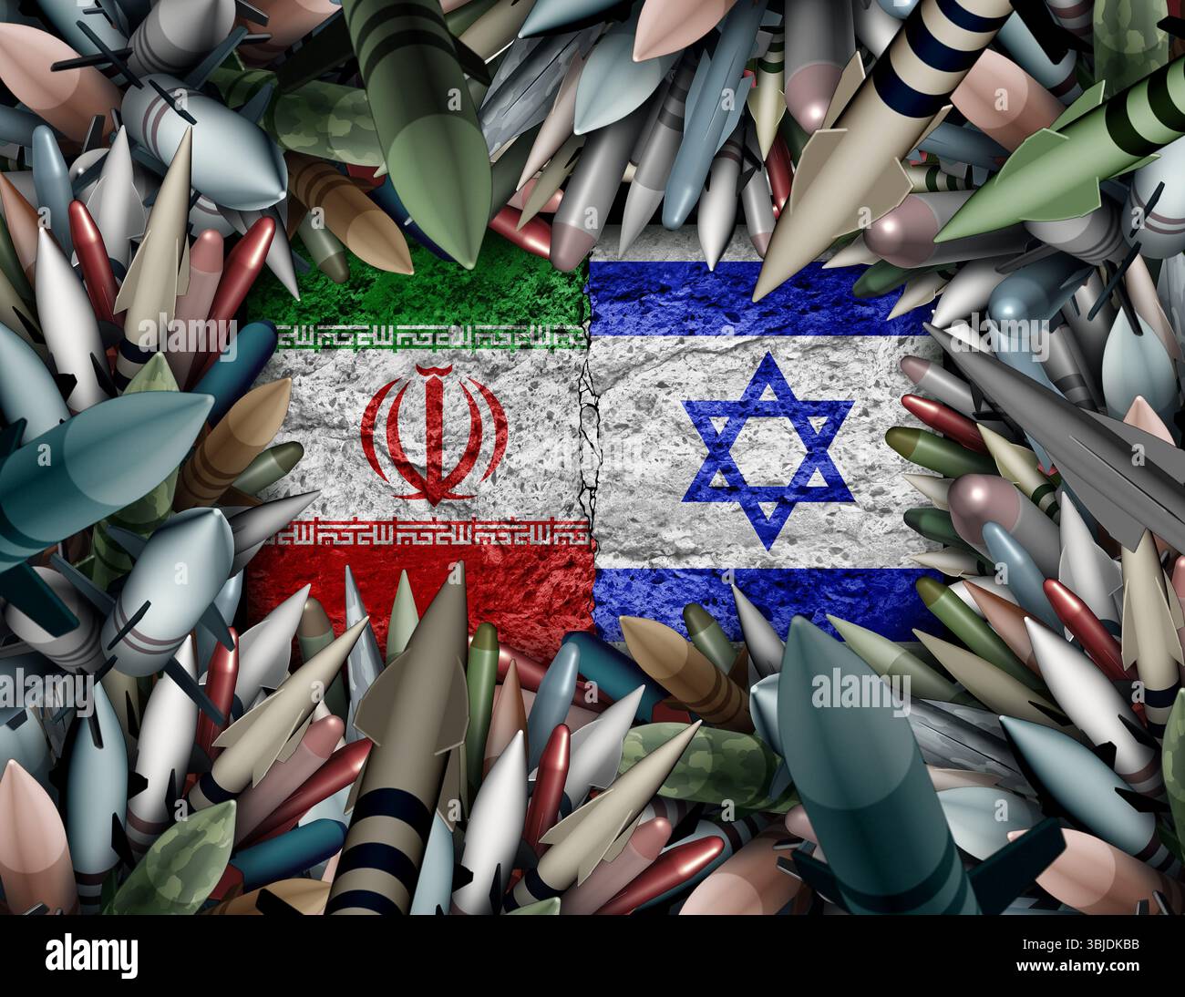 Israel Iran Nahost-Krise Iranischer israelischer Krieg Militärkrise und bewaffnete Konfrontation oder Stellvertreterkrieg Konflikt mit zwei gegnerischen Regierungen in A di Stockfoto