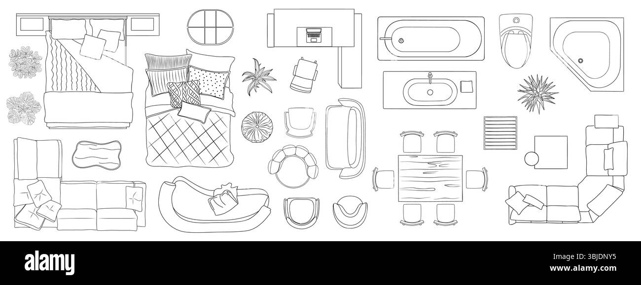 Möbelkontur Draufsicht Set Line Art Elemente Stock Vektor