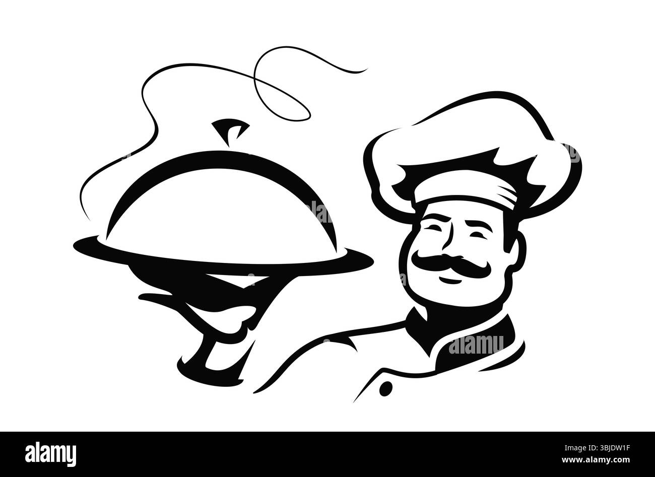 Küchenchef hält eine Cloche im Restaurant. Kochen Sie mit einem Tablett mit Deckel. Abbildung für Restaurant- oder Café-Menü Stock Vektor