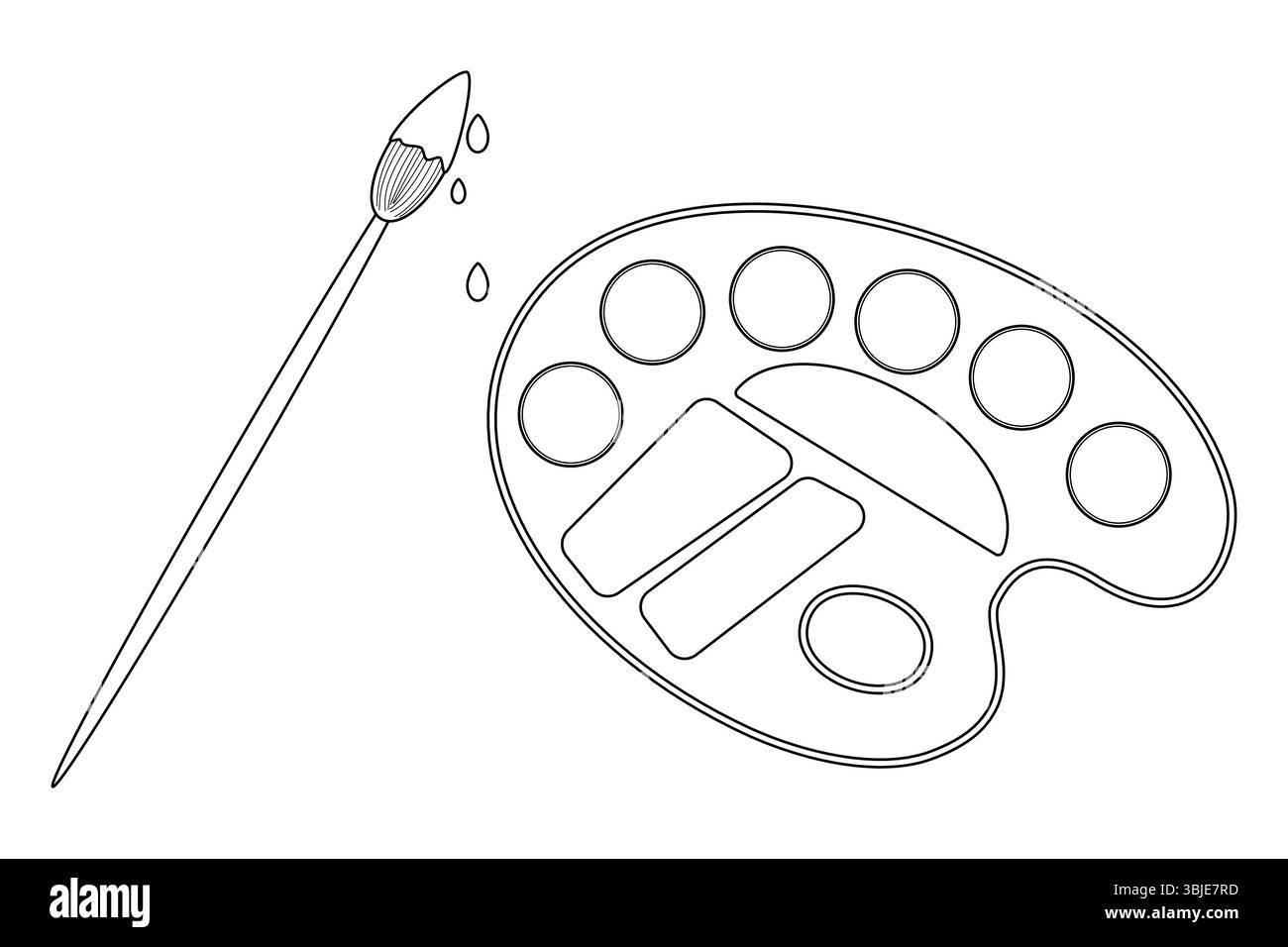 Ausmalseite mit Konturvektorzeichnung des Pinsels mit tropfender Farbe und Künstlerpalette. Für die Unterhaltung von Kindern, für die Schulzeit oder für die Ausbildung Stock Vektor