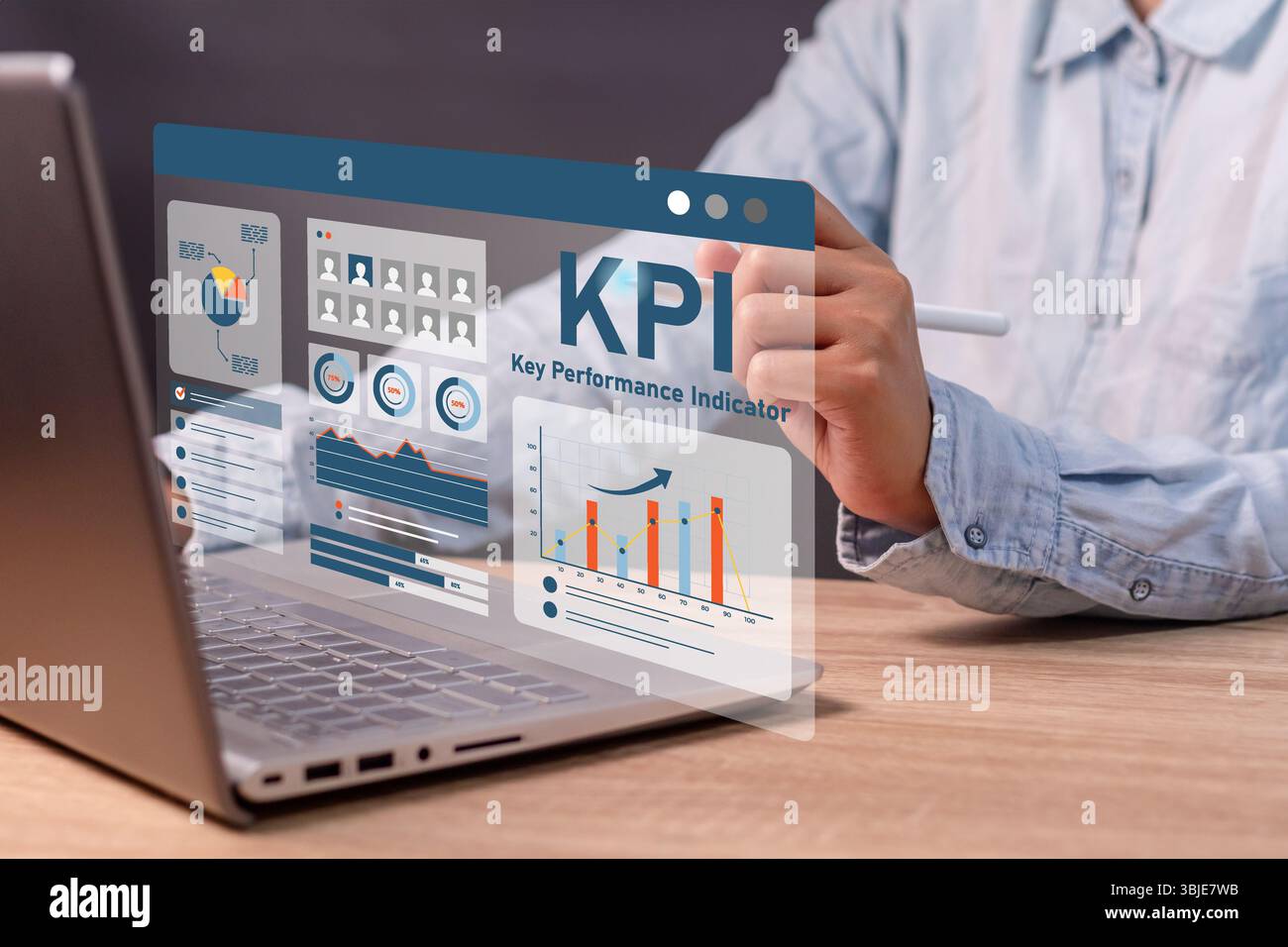 Geschäftsfrau verwendet KPI-Dashboard zur Analyse von Key Performance Indicators (KPI) mit verschiedenen Diagrammen und Diagrammen auf dem Notebook. Stockfoto