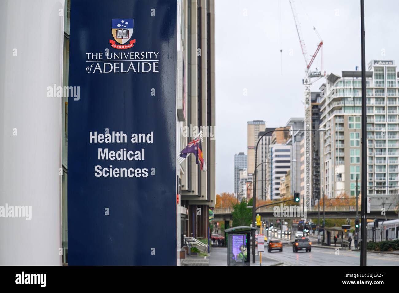 Adelaide, South Australia - Juni 2025: University of Adelaide Zeichen, Gesundheits- und Medizinwissenschaften Gebäude, Stadtcampus, tertiäre Bildung Stockfoto