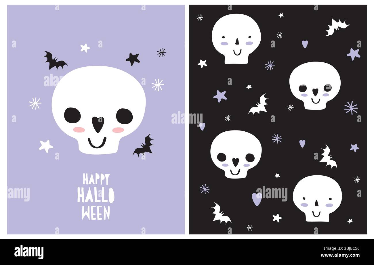 Halloween Vektorkarte für Kinder. Gespenstische Party.Hand gezeichnete Illustration mit lustigem weißen Schädel und schwarzen fliegenden Fledermäusen isoliert auf einem violetten Hintergrund. Stock Vektor