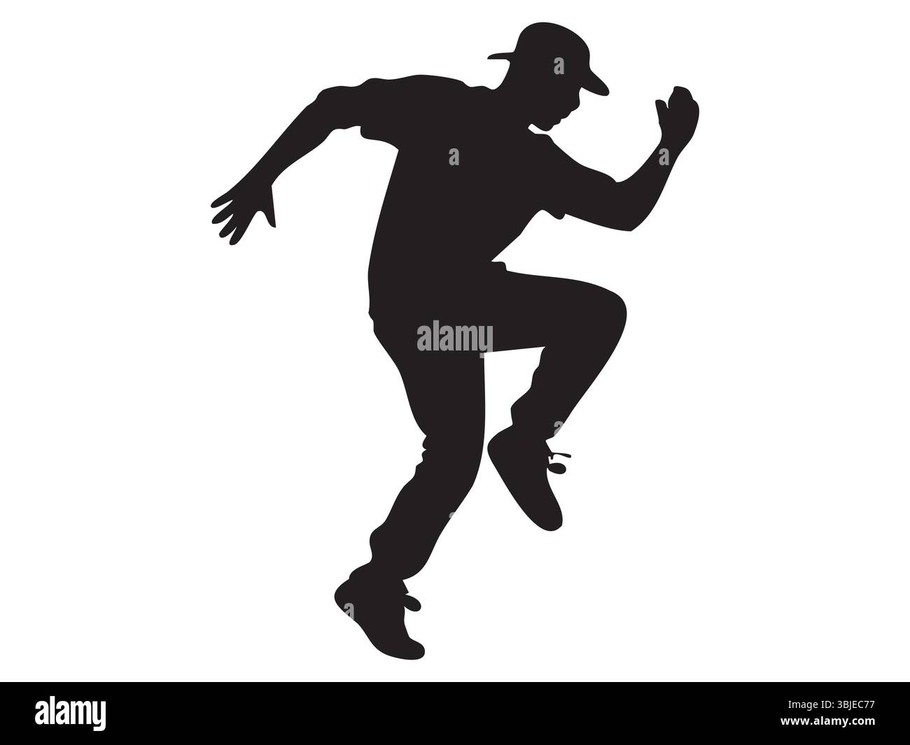 Dynamische schwarze Silhouette des tanzenden Mannes, isoliert auf weißem Hintergrund, grafische Illustration. Konzept von Tanz, Bewegung, Performance, urbaner Kultur, c Stock Vektor