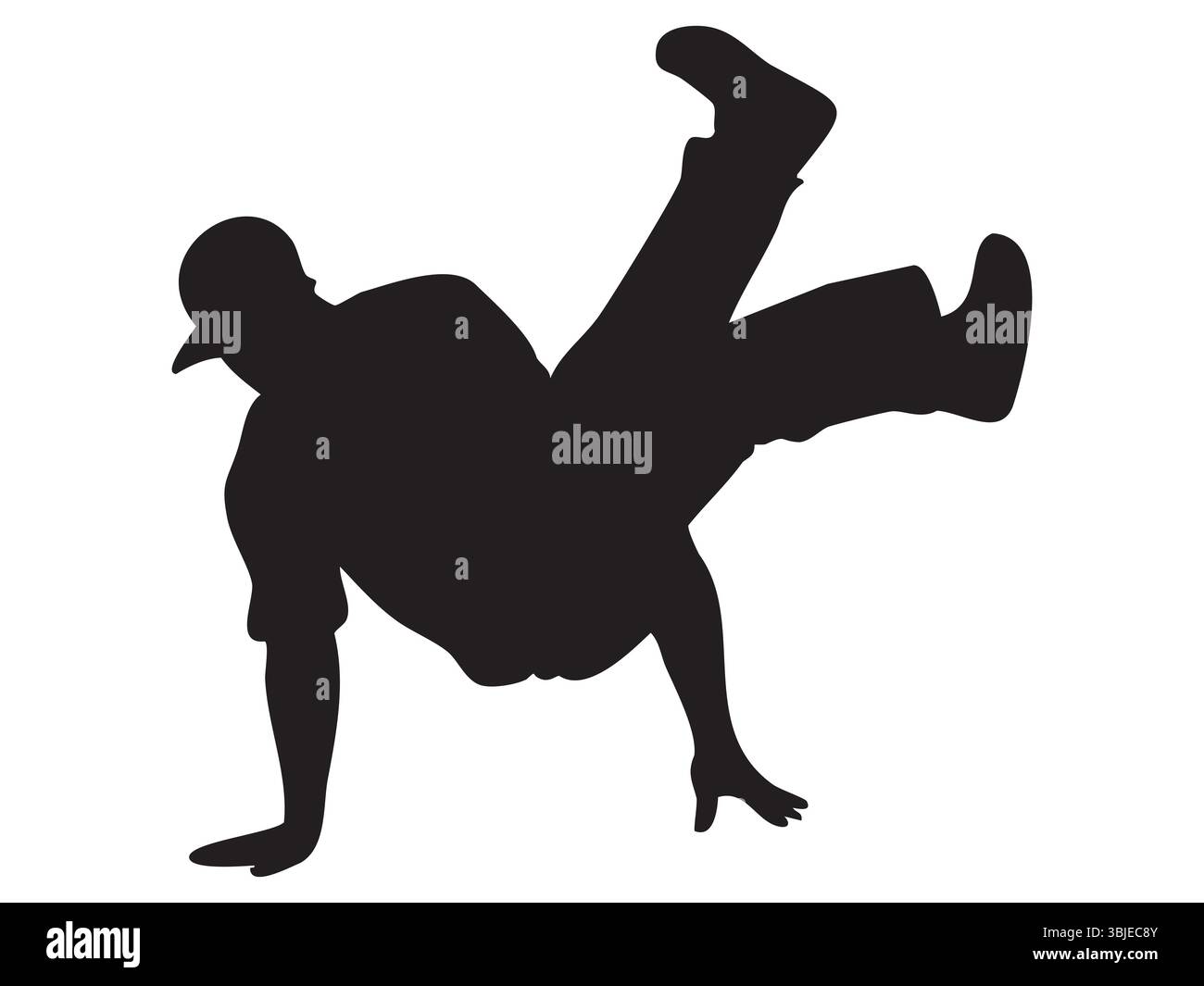 Schwarze Silhouette des tanzenden Mannes in Breakdance-Pose isoliert auf weißem Hintergrund, grafische Illustration. Vorstellung von Tanz, Hip Hop, Bewegung, urbanem Kult Stock Vektor