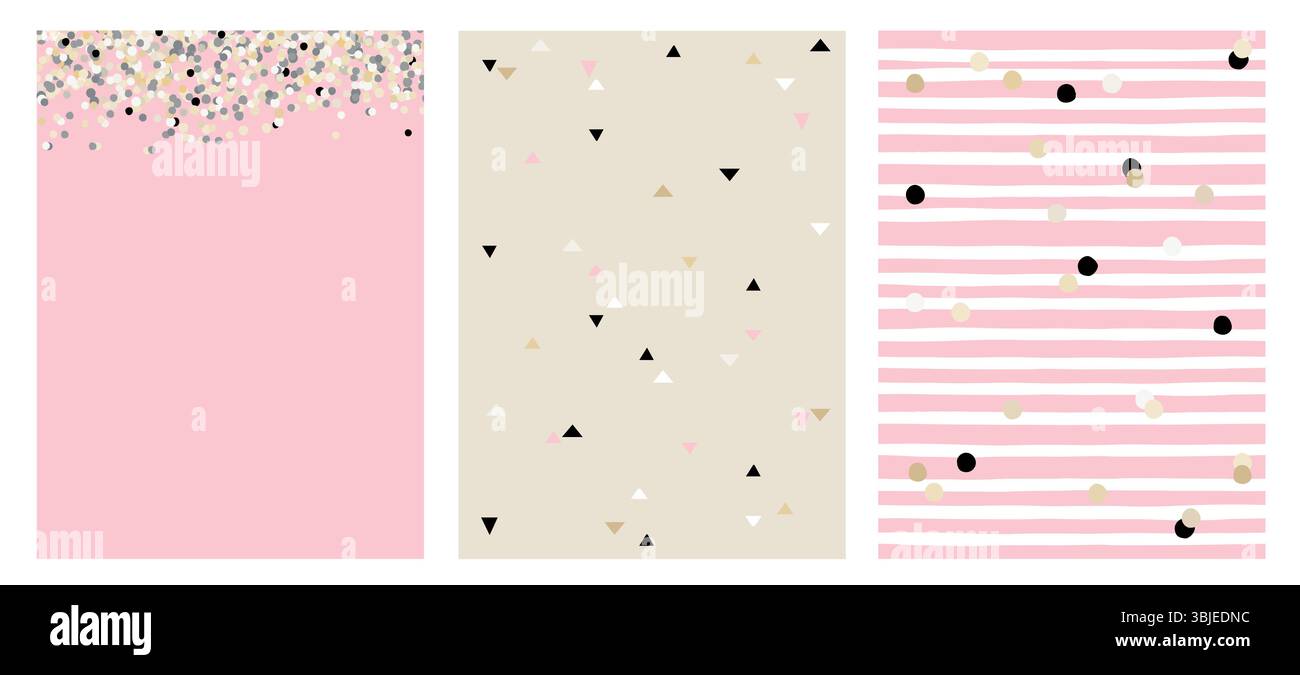 Unregelmäßige Vektormuster mit handgezeichneten winzigen Dreiecken, weiße Streifen mit beigen und schwarzen Punkten. Hellrosafarbenes Layout Mit Rand Aus Polka Dots. Stock Vektor