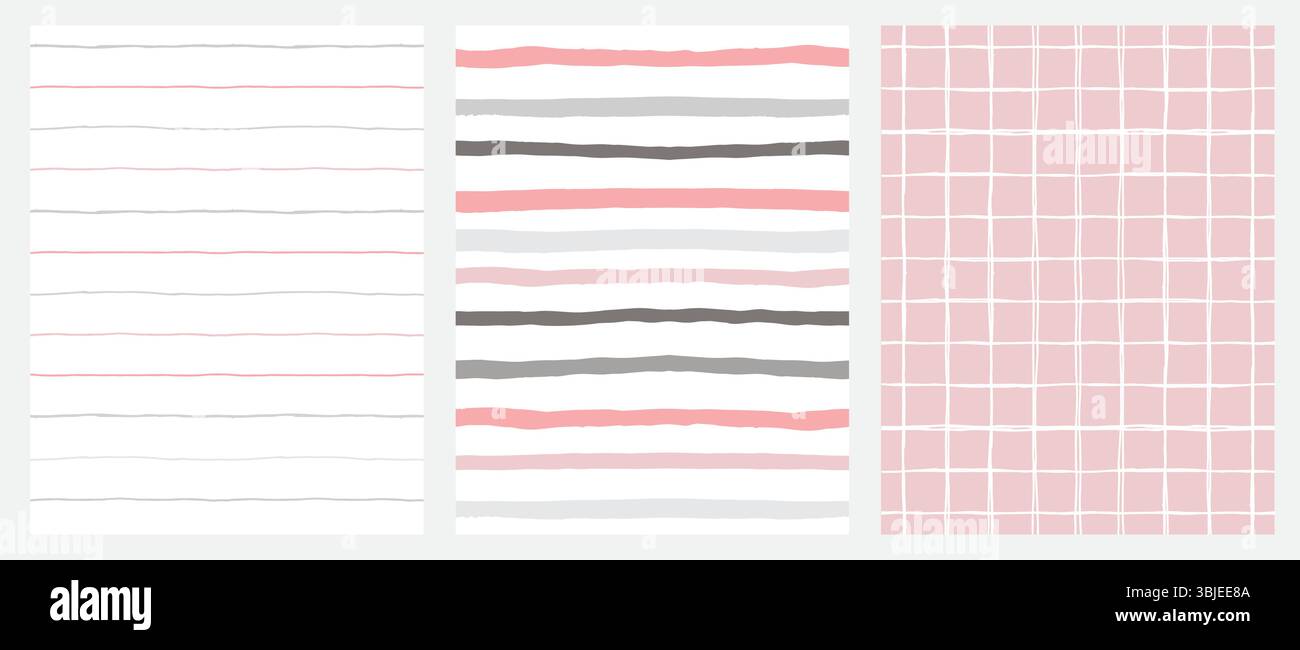 Handgezeichnete unregelmäßige geometrische Muster mit Raster und Linien auf weißem und rosafarbenem Hintergrund. Kindisch Abstrakte, Nahtlose Muster Mit Streifen. Stock Vektor