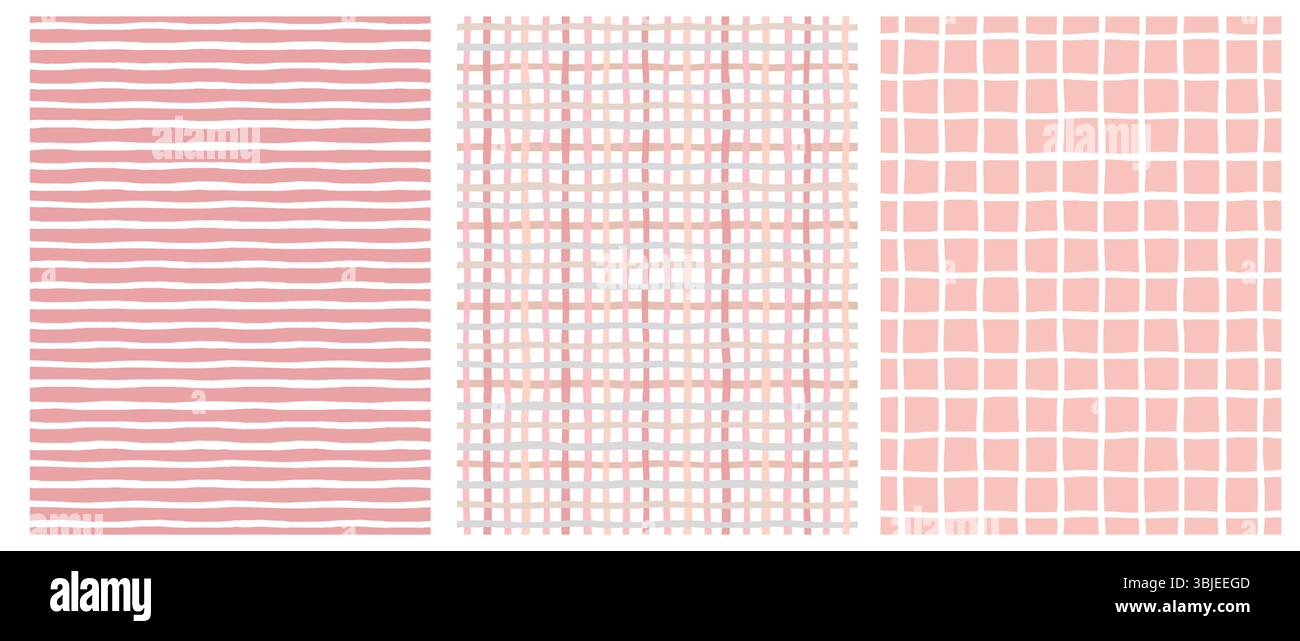 Kindliche Hand Gezeichnete Unregelmäßige Geometrische Muster. Horizontale weiße Streifen und Raster auf rosafarbenem Hintergrund. Rosafarbenes und beiges Gitter auf weißem Hintergrund. Stock Vektor